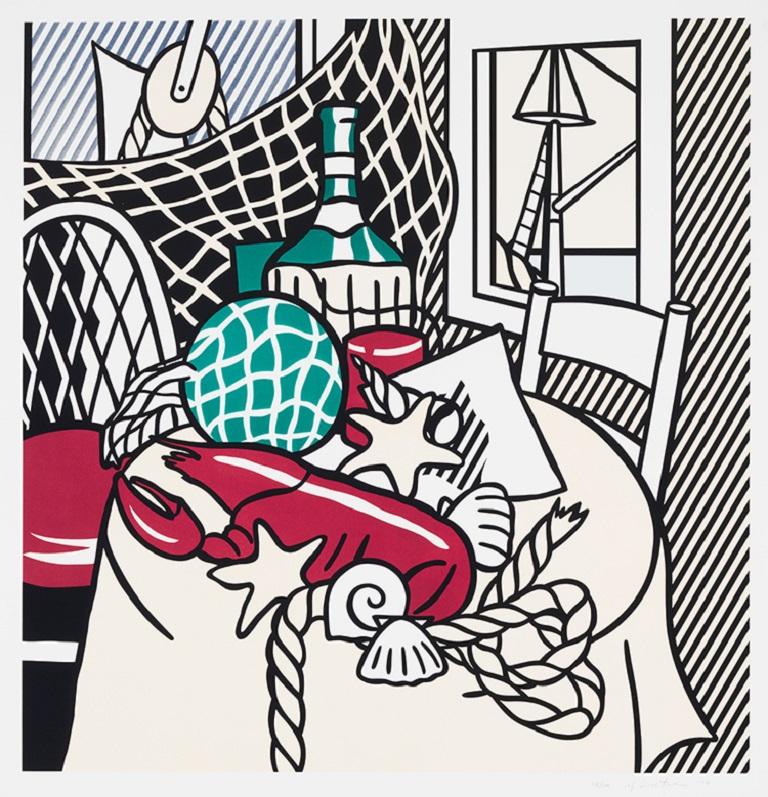 ROY LICHTENSTEIN (1923-1997)

Still Life with Lobster" de Roy Lichtenstein est une lithographie et une sérigraphie couleur de 1974. Cette œuvre est signée, datée "Lichtenstein '74" et numérotée 43/100. Cette œuvre en bon état et encadrée avec une