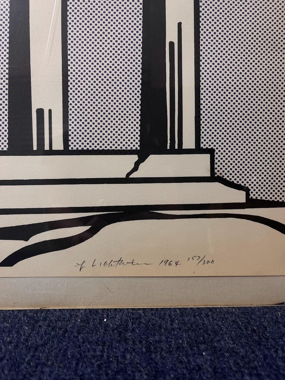 This remarkable Lichtenstein offset lithograph 'Temple' exemplifies his interest in reimagining landmarks in his graphic style. In the bottom right corner, this image is signed, dated in pencil and numbered 152/300. It was published by Leo Castelli