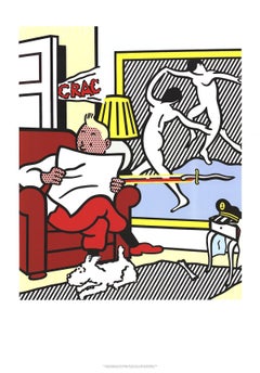 Vintage Roy Lichtenstein-Tintin Reading-39" x 27.5"-Poster-1995-Pop Art-Gray, White