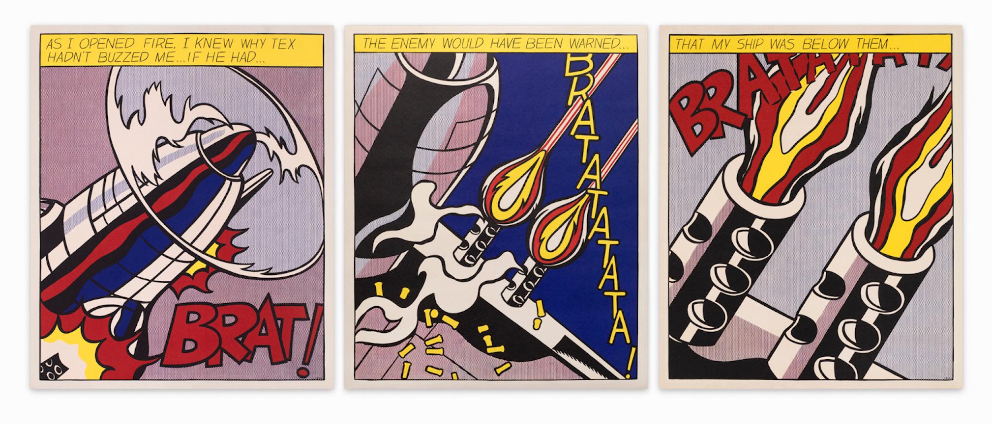 SALE ONE WEEK ONLY

"As I opened fire" is a lithograph triptych by Roy Lichtenstein whose provenance is printed on verso: Coll. Stedelijk Museum Amsterdam. Editions were copyrighted by the Stedelijk Museum Amsterdam and corrected with the original