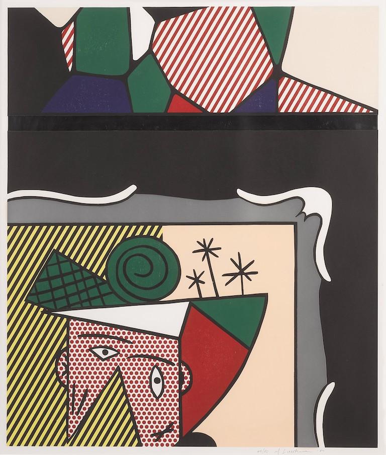 ROY LICHTENSTEIN (1923-1997)

Roy Lichtensteins "Two Paintings (Corlett 205)" ist ein multimedialer Farbreliefdruck von 1984, bei dem Holzschnitt-, Lithografie- und Siebdrucktechniken auf Velin verwendet werden. Der Druck ist unten rechts mit