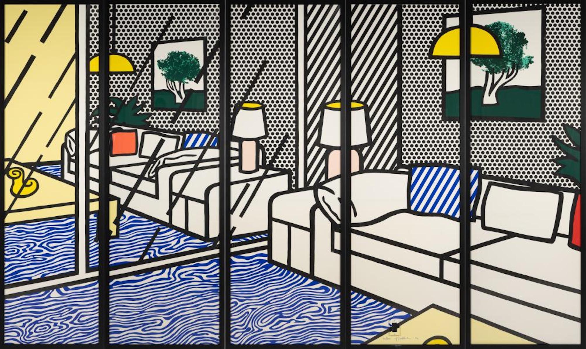 ROY LICHTENSTEIN (1923-1997)

Papel pintado con interior de suelo azul" de Roy Lichtenstein es una serigrafía de 1992 compuesta por cinco impresiones enmarcadas en papel Paper Technologies, Inc. papel Waterleaf. La obra está firmada, fechada y