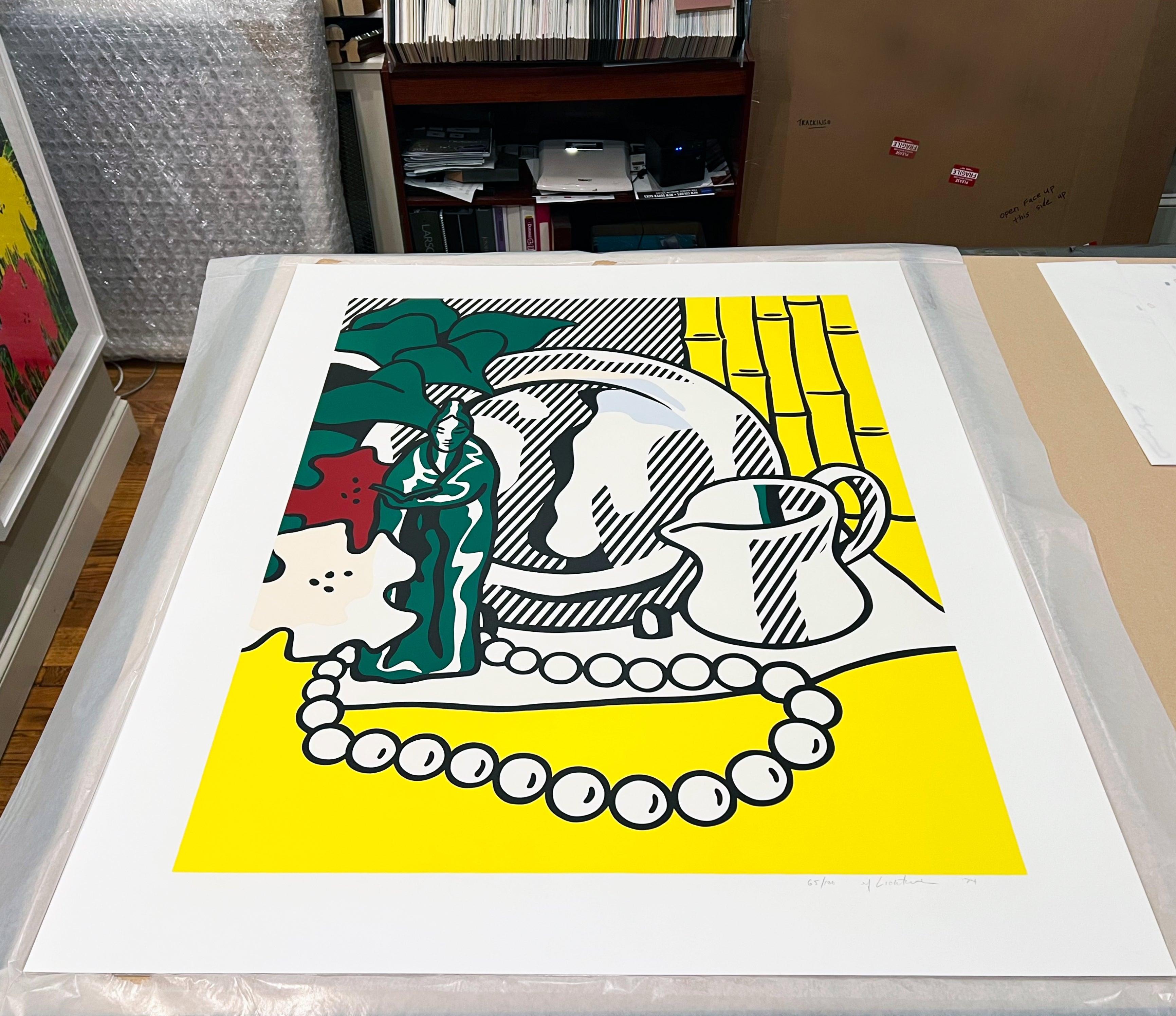 Still Life with Figurine (Six Still Lifes) - Yellow Still-Life Print by Roy Lichtenstein