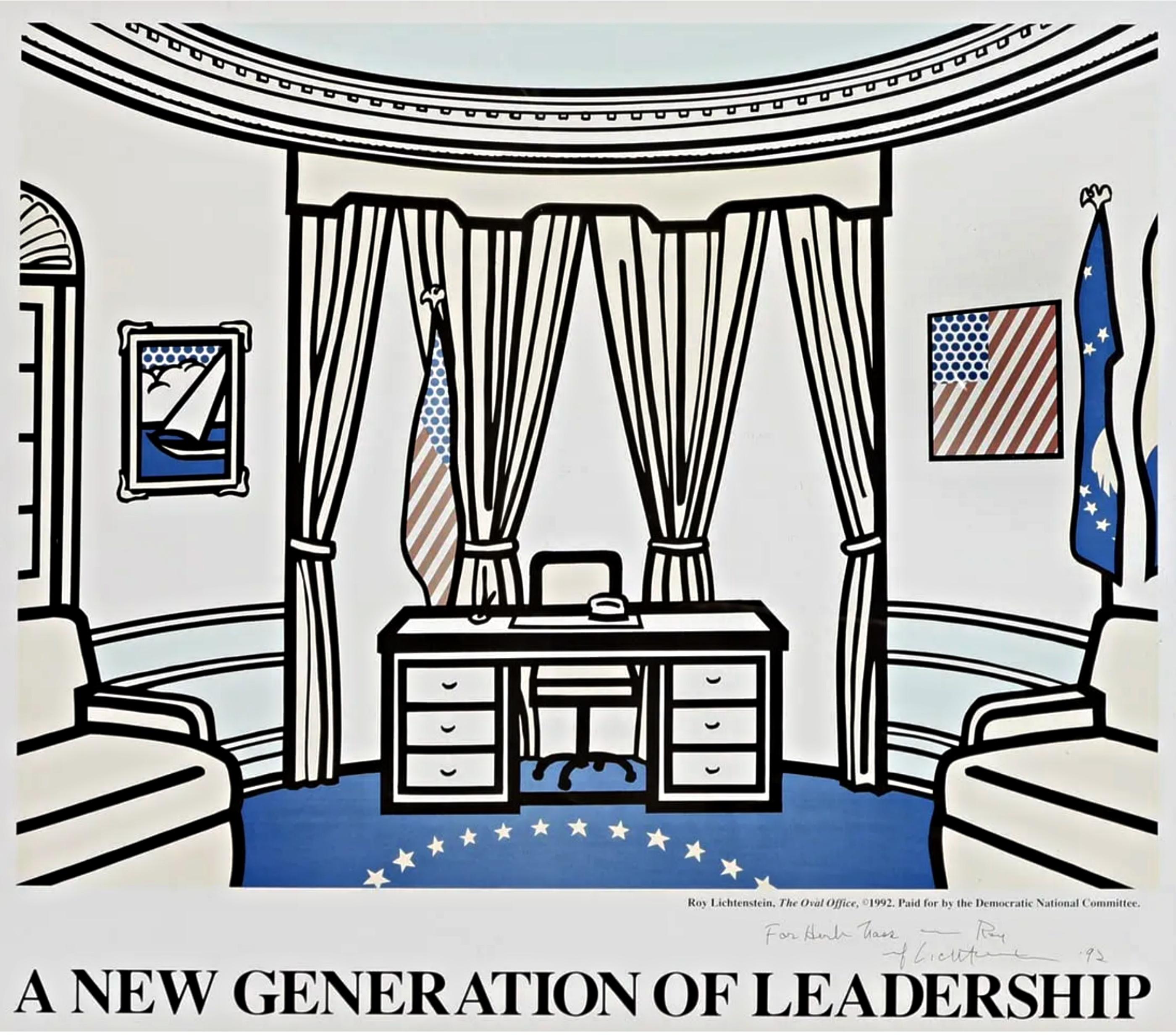 Roy Lichtenstein
The Oval Office (hand signed, dated and inscribed by Roy Lichtenstein), 1992
Offset color lithograph (hand signed and inscribed to famous estate attorney)
Edition of 500 (the regular edition was 500, though this is uniquely hand