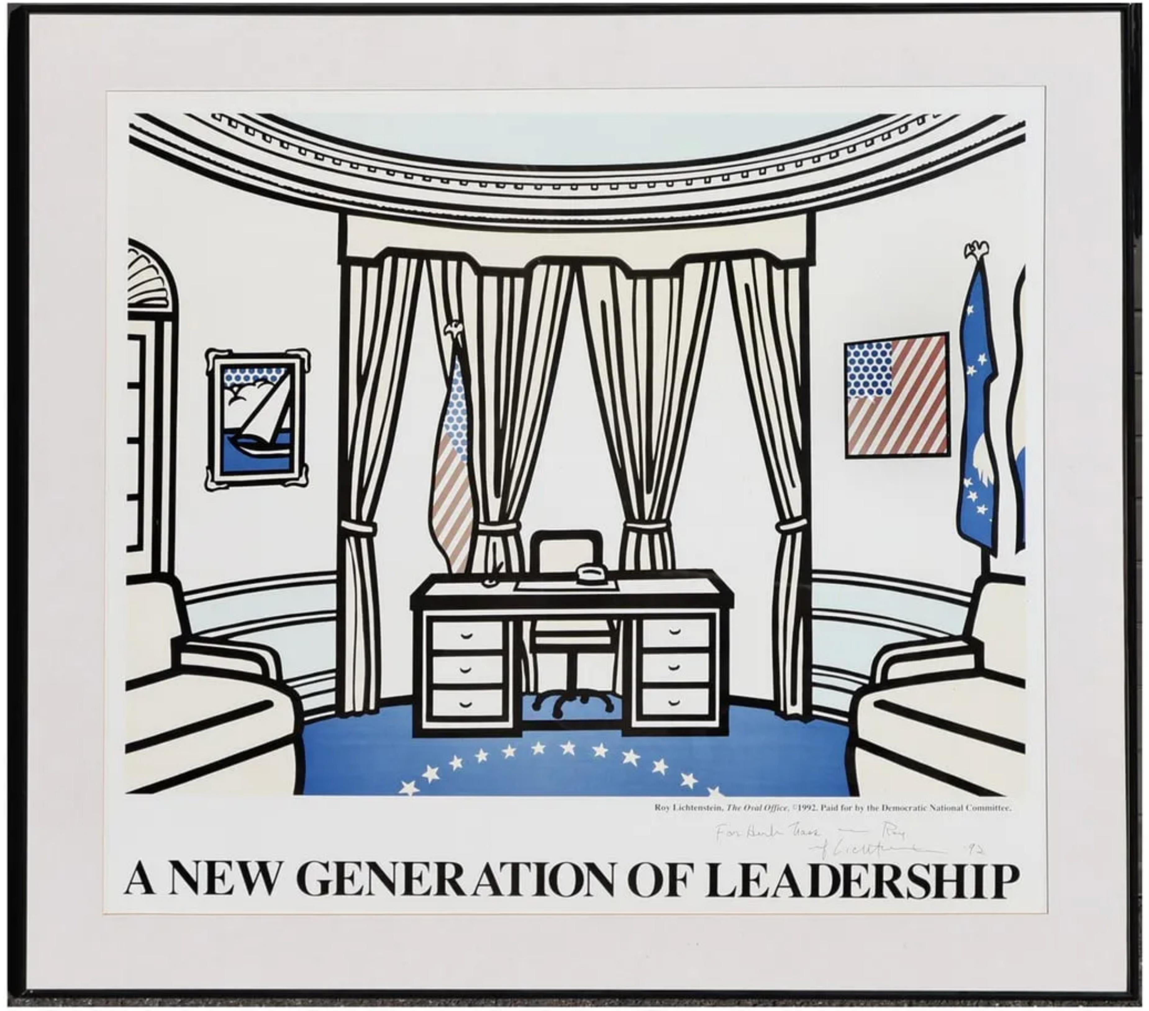 Roy Lichtenstein
The Oval Office (signé, daté et inscrit par Roy Lichtenstein), 1992
Lithographie offset en couleurs (signée à la main et portant une inscription à l'attention d'un célèbre avocat spécialisé dans les successions)
Édition de 500