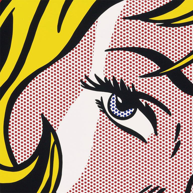 screenprint on Arches wove paper 66 x 56 in. / 168 x 142 cm.
Frame 70H x 60W x 3D in. / 178H x 152.5W x 7.5D cm.

This dramatic large-scale screen print reproduces Roy Lichtenstein’s iconic pop painting Girl with Hair Ribbon, now in the collection