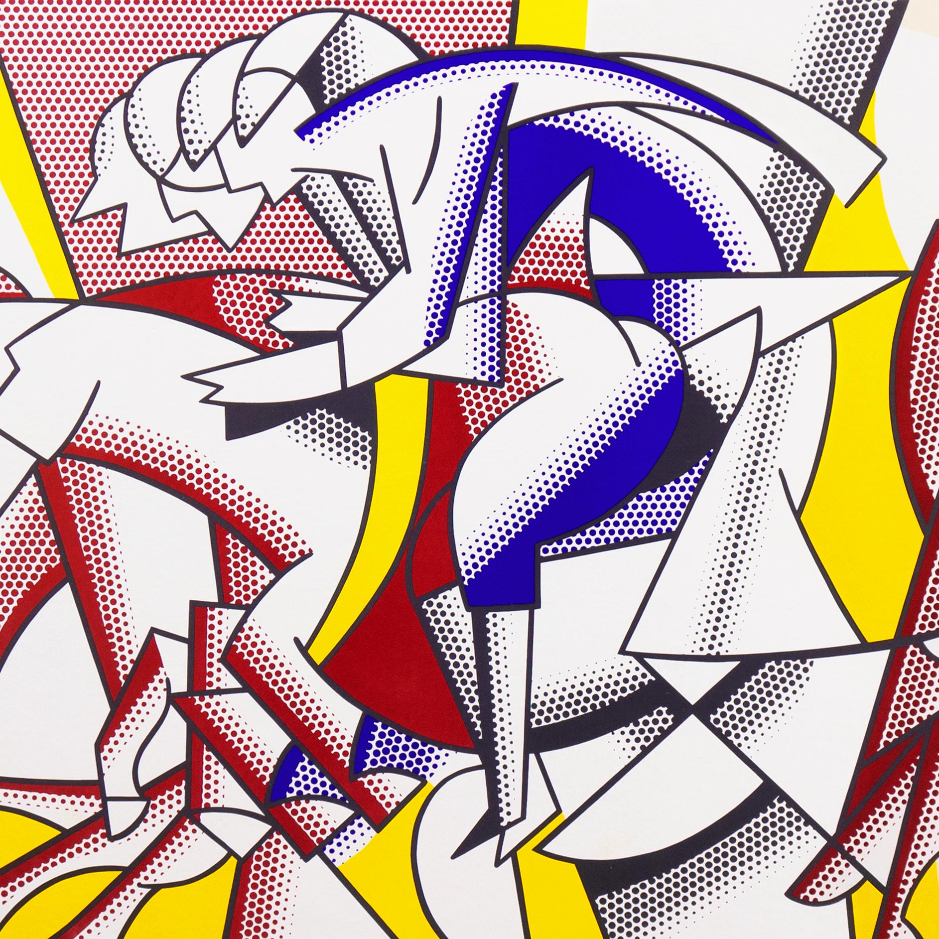 Vintage, 1975, affiche d'exposition de la Leo Castelli New York Gallery ; signée, en bas à droite, au feutre, 'R. Lichtenstein' pour Roy Lichtenstein (américain, 1923-1997).

Roy Lichtenstein a d'abord étudié avec Reginald Marsh à l'Art Students