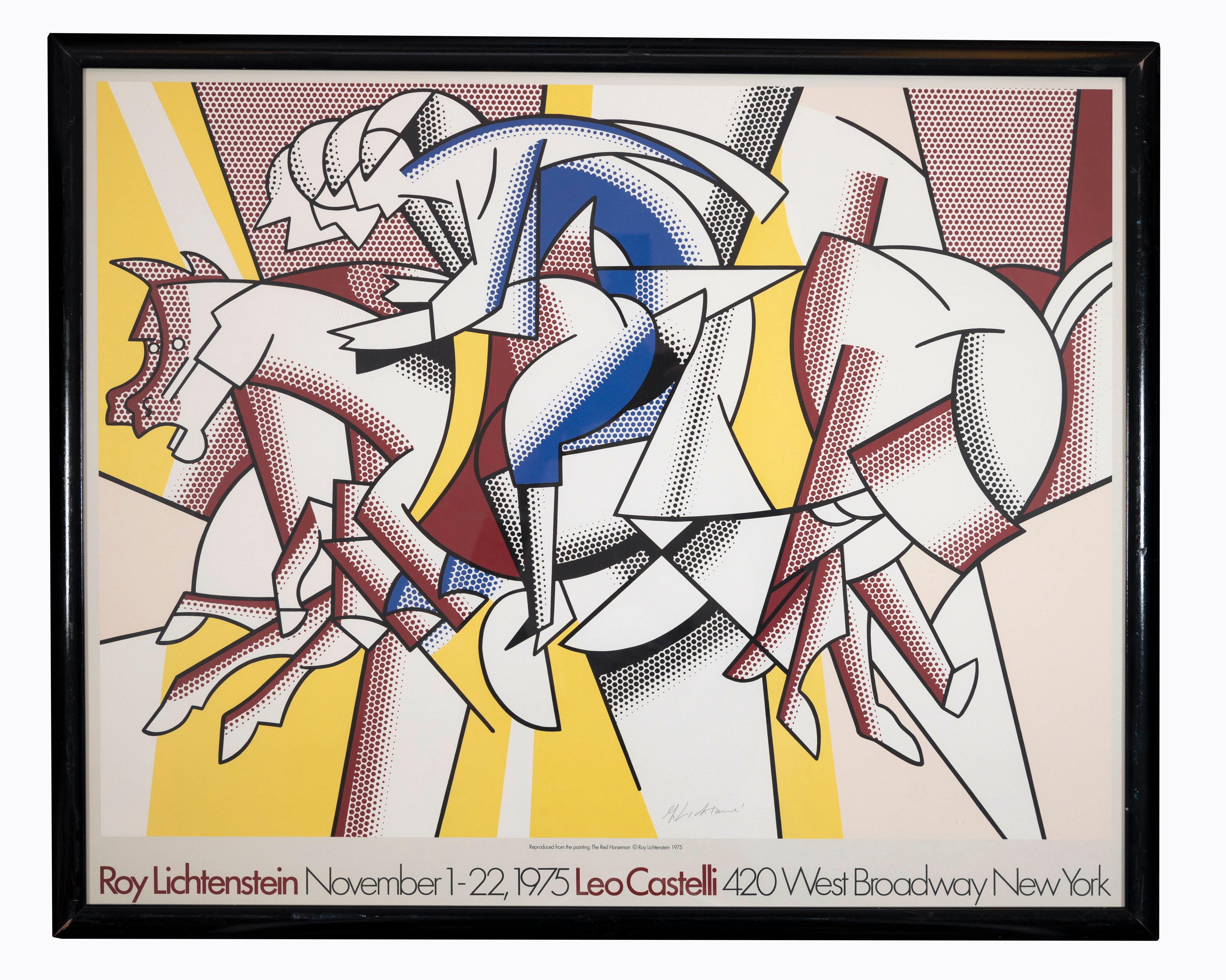 The Red Horseman is a vintage poster realized in lithograph and offset in occasion of Roy Lichtenstein's exhibition at Leo Castelli Gallery in New York in 1975.

Very Good condition.

Hand-signed by the artist on the lower marging.

Includes frame: