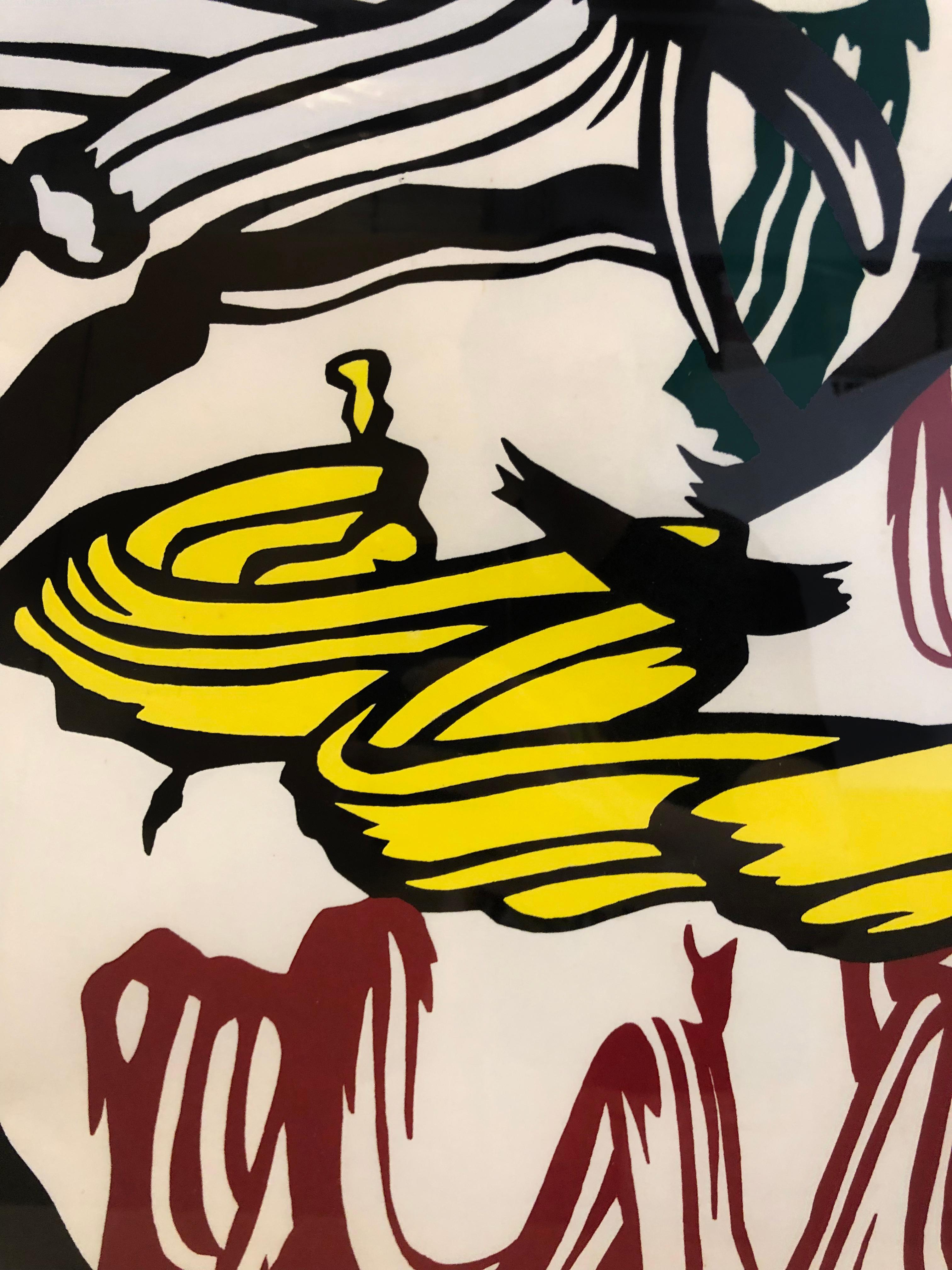 This Roy Lichtenstein woodcut from the Seven Apple Woodcuts portfolio is an electric take on the humble still life. Striated black brushstrokes sketch the outline of two apples, filled with graphic ribbons of color that fall in folds towards the