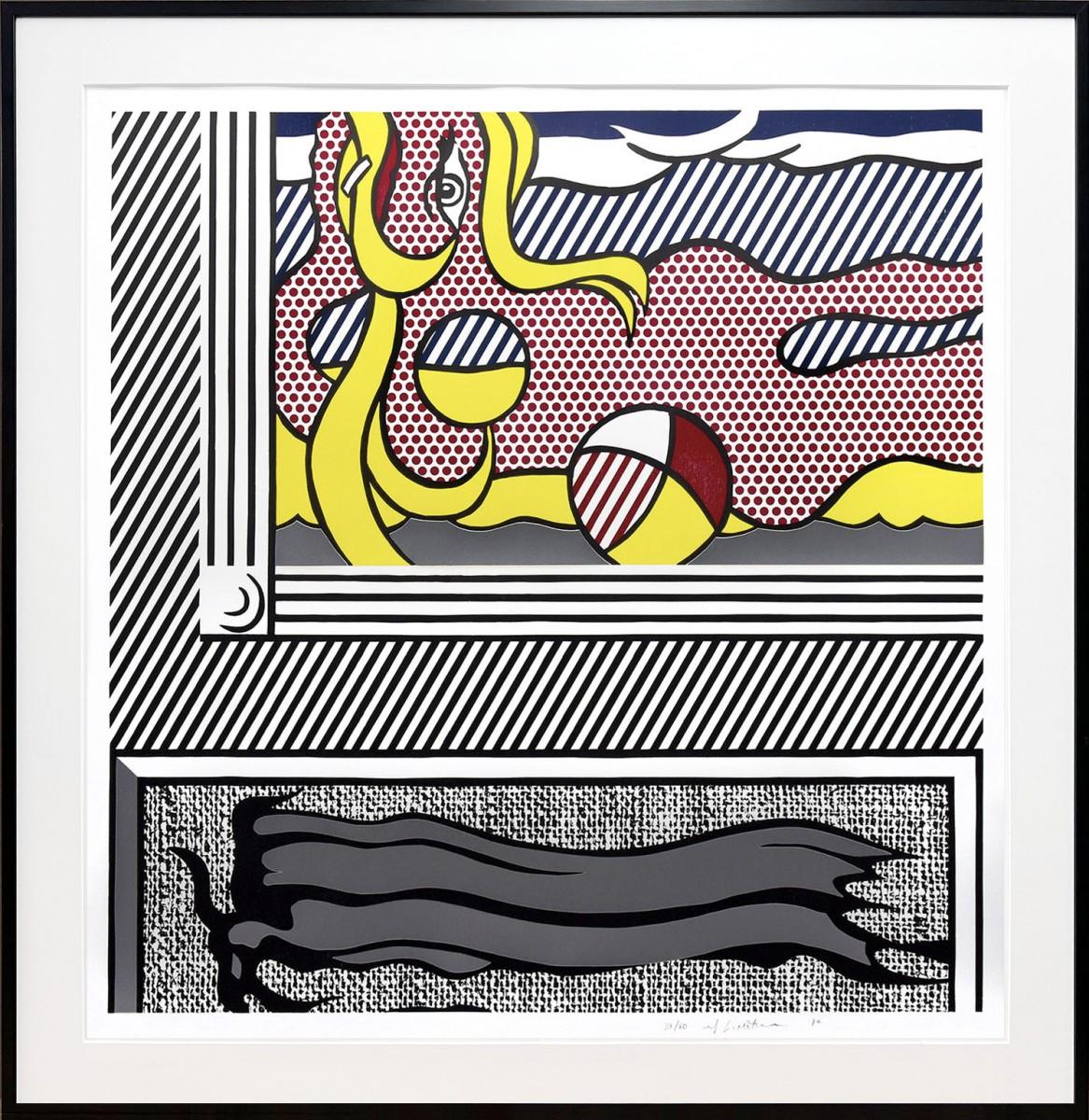 Roy Lichtenstein Two Paintings : Beach Ball, from Paintings Series, 1984 utilise ses motifs et lignes caractéristiques pour créer diverses implications visuelles. Les lignes droites sont utilisées pour souligner la forme des deux cadres différents,