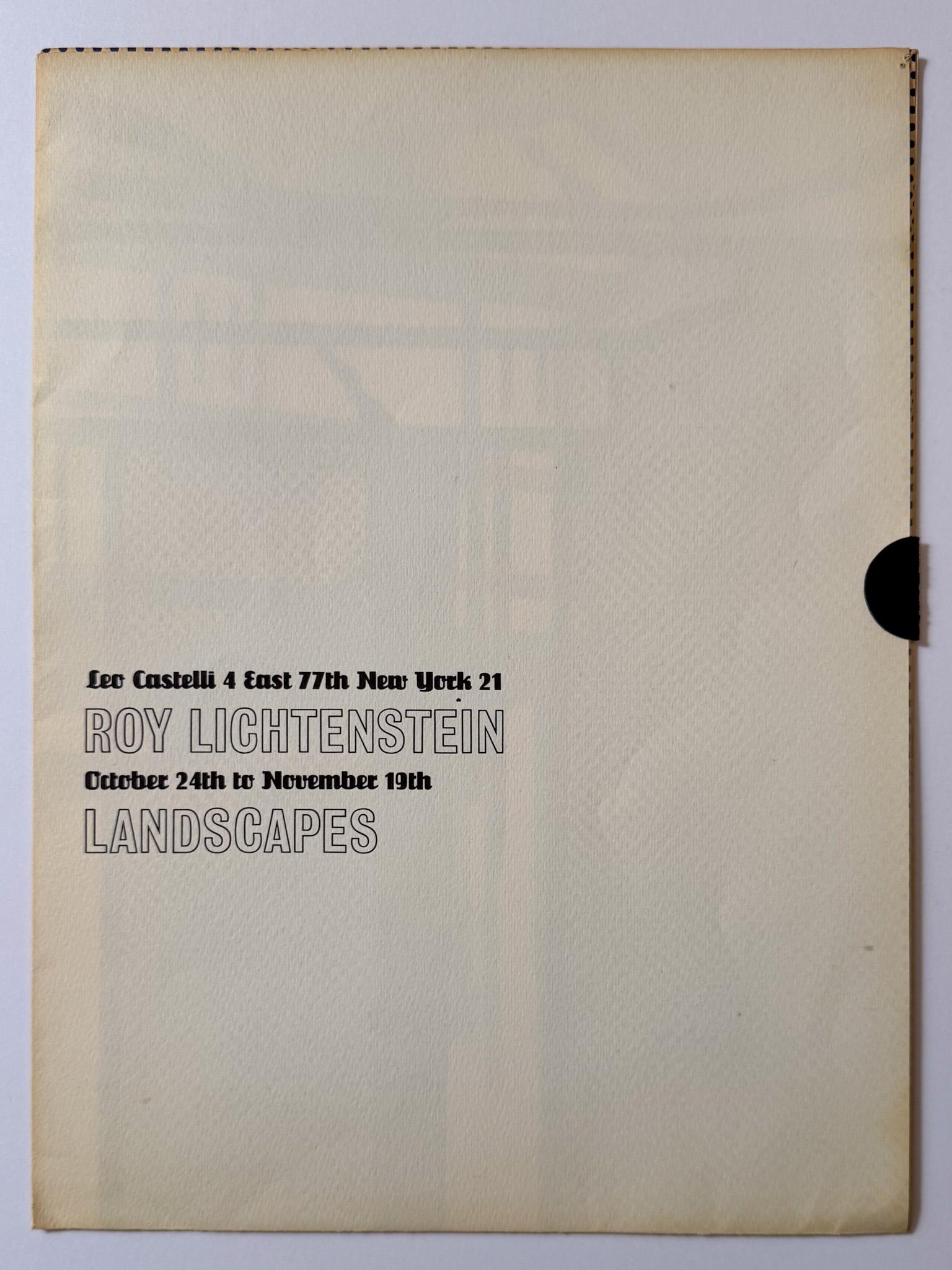 Postwurfsendung/Plakat zur Ankündigung der Ausstellung Landscapes von Roy Lichtenstein in der New Yorker Leo Castelli Gallery vom 24. Oktober bis 19. November 1964. Farbige Offsetlithografie auf cremefarbenem, glattem Velin. Maschinell gefaltet,