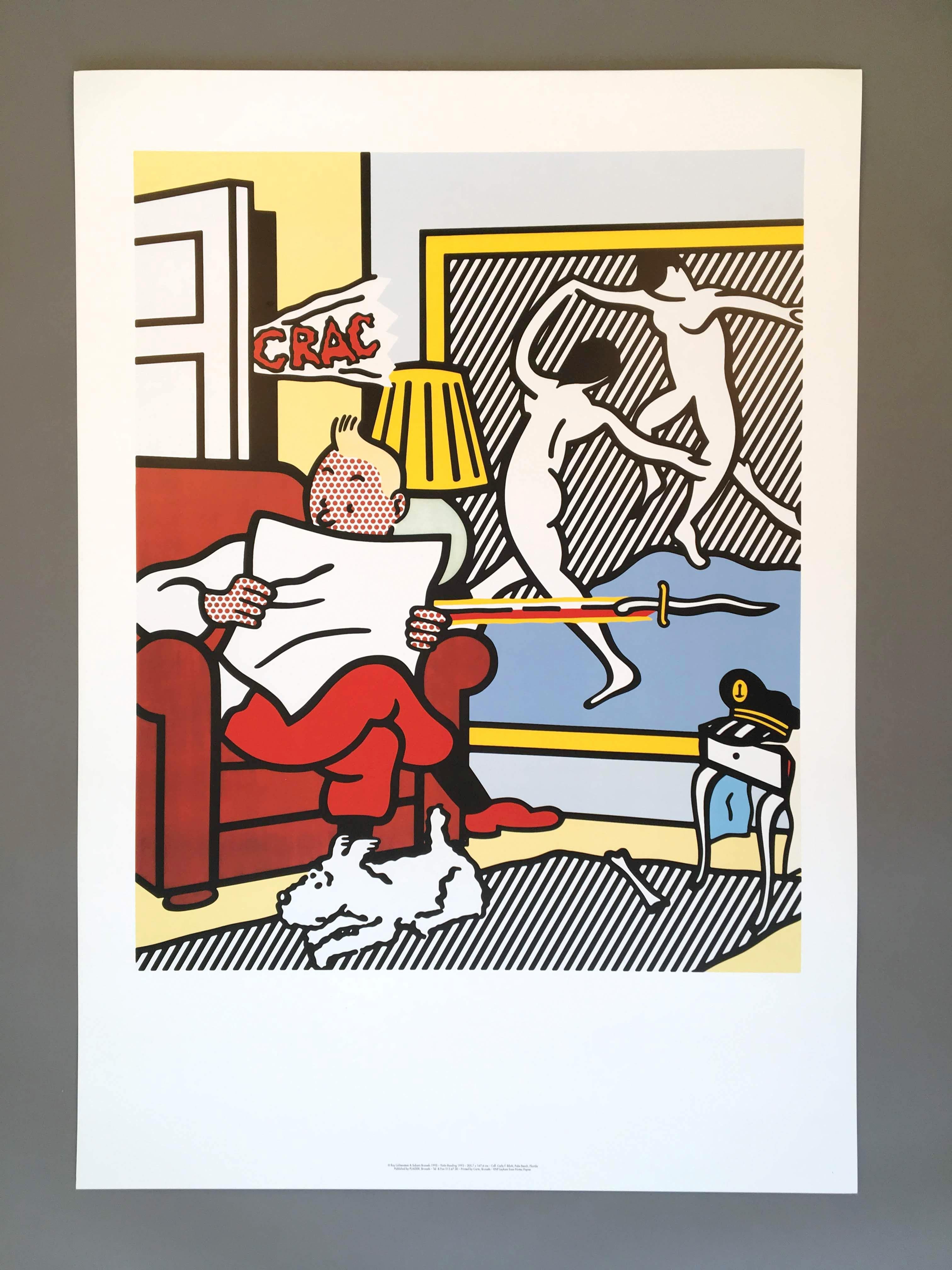 Roy Lichtenstein (United States, 1923-1997)
'Tintin Reading', 1994
 
The image features one of Lichtenstein's most famous later works 'Tintin Reading' from 1993. This exhibition print was created for a Lichtenstein retrospective in Brussels,