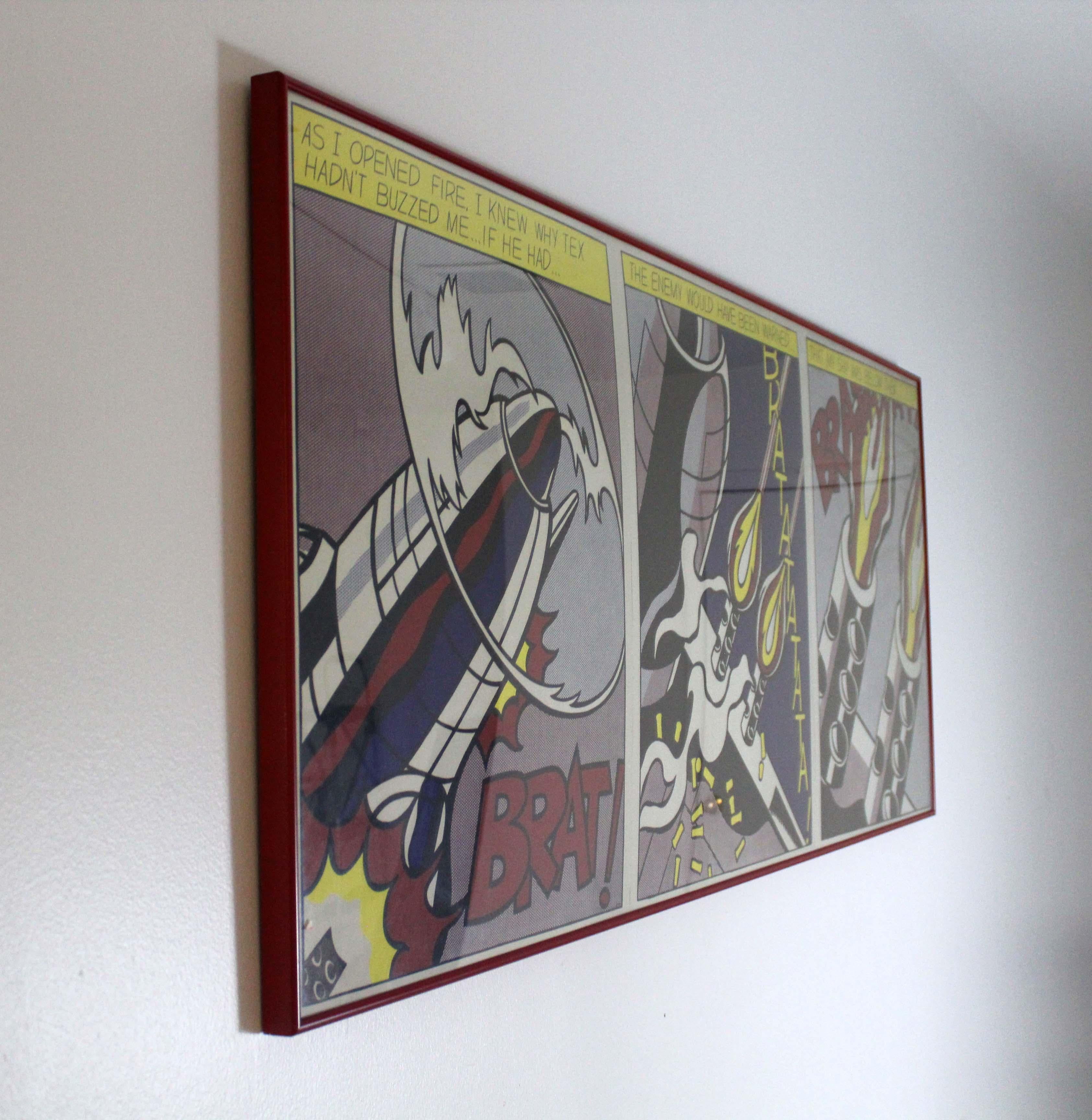 Affiche vintage emblématique du pop art représentant As I Opened Fire de Roy Lichtenstein - une peinture à l'huile et au magnétisme sur toile datant de 1964. L'œuvre est conservée au Stedelijk Museum d'Amsterdam. La source du sujet est constituée
