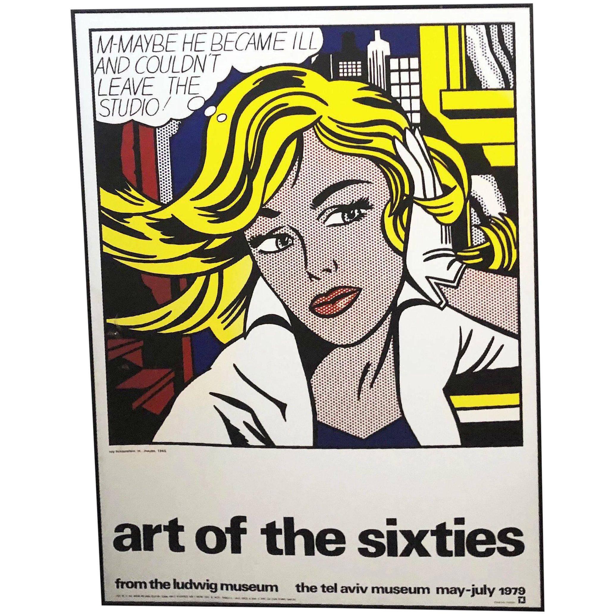 After Roy Lichtenstein Vintage Pop Art Modern Silkscreen Poster ‘Art of the Sixties’ 

A vintage screen-print exhibition poster on woven paper after American artist Roy Lichtenstein (1923-1997) titled 