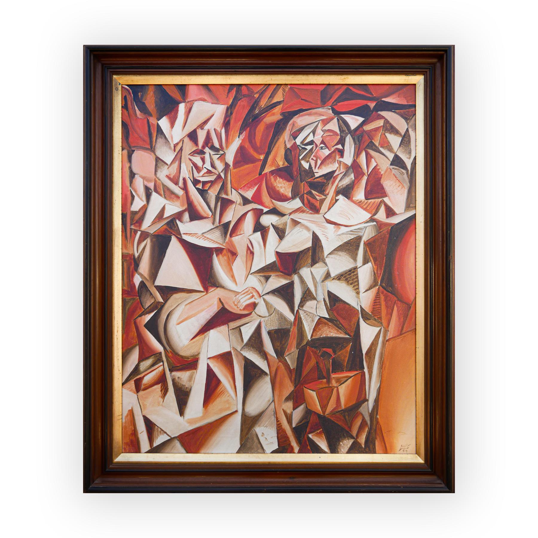 Orange, red, and brown abstract cubist painting with two human figures by artist Roy List. Framed in a beautiful wooden frame. Signed and dated by the artist at the back. 

Dimensions Without Frame: H 30.13 in. x W 24 in.