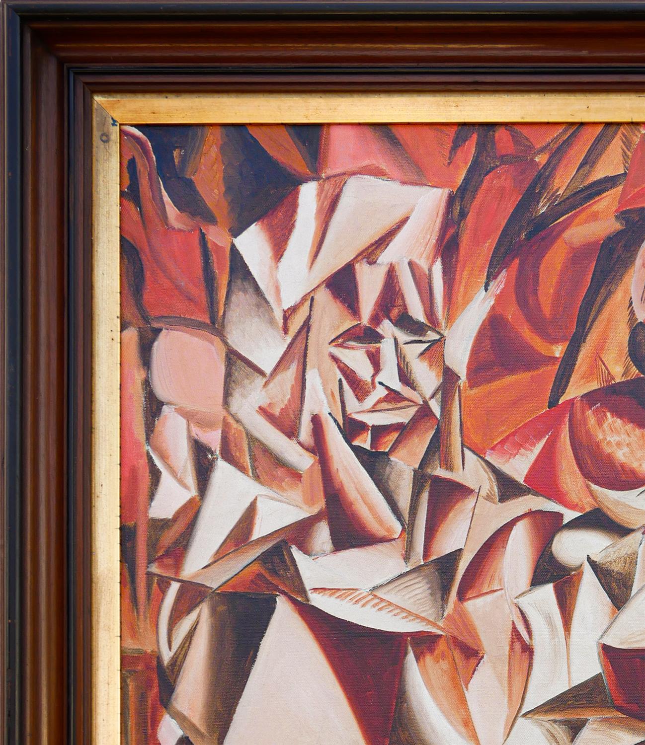“Dienstag” Orange, Red, and Brown Abstract Cubist Figurative Painting 1