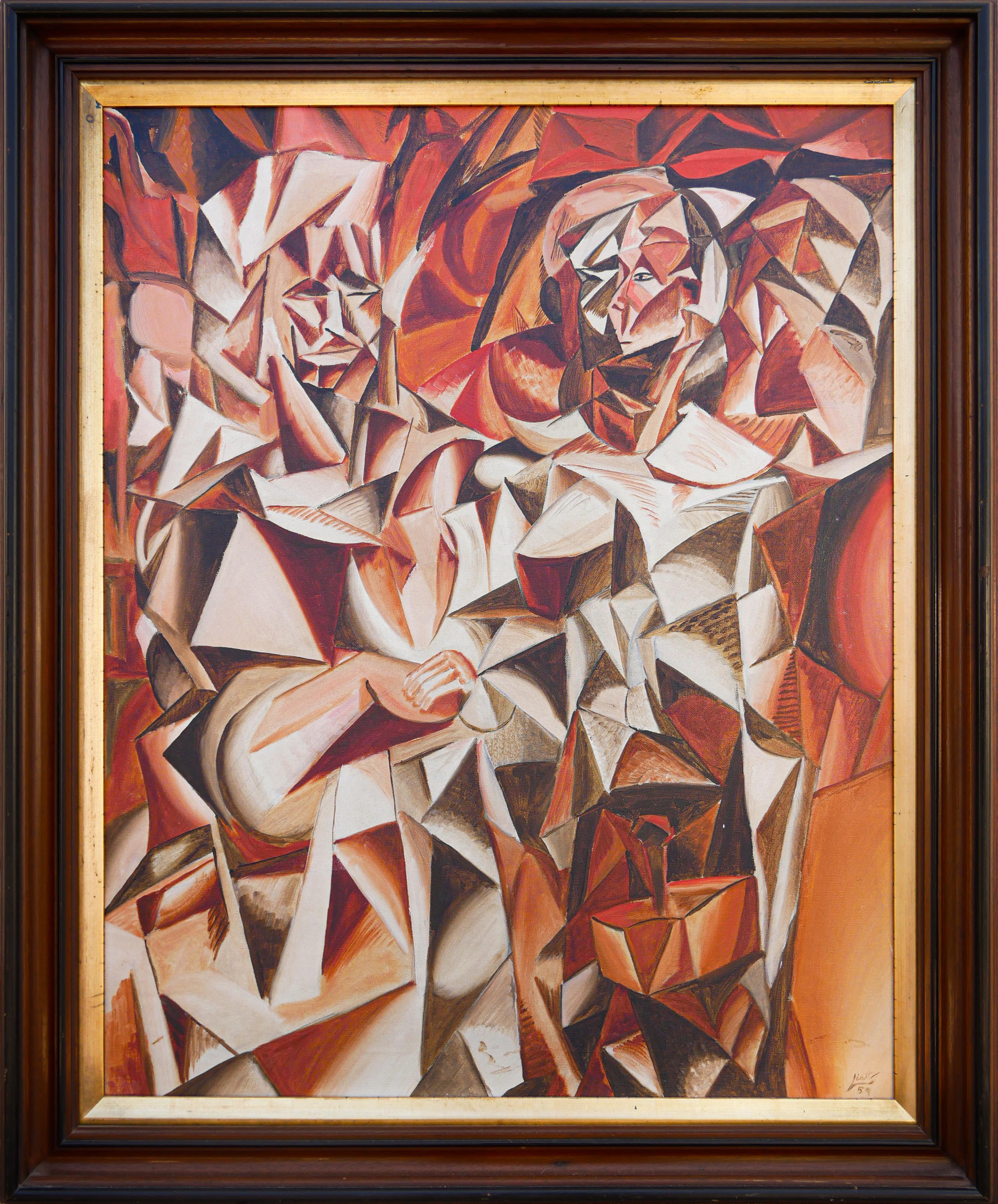 Roy List Abstract Painting - “Dienstag” Orange, Red, and Brown Abstract Cubist Figurative Painting