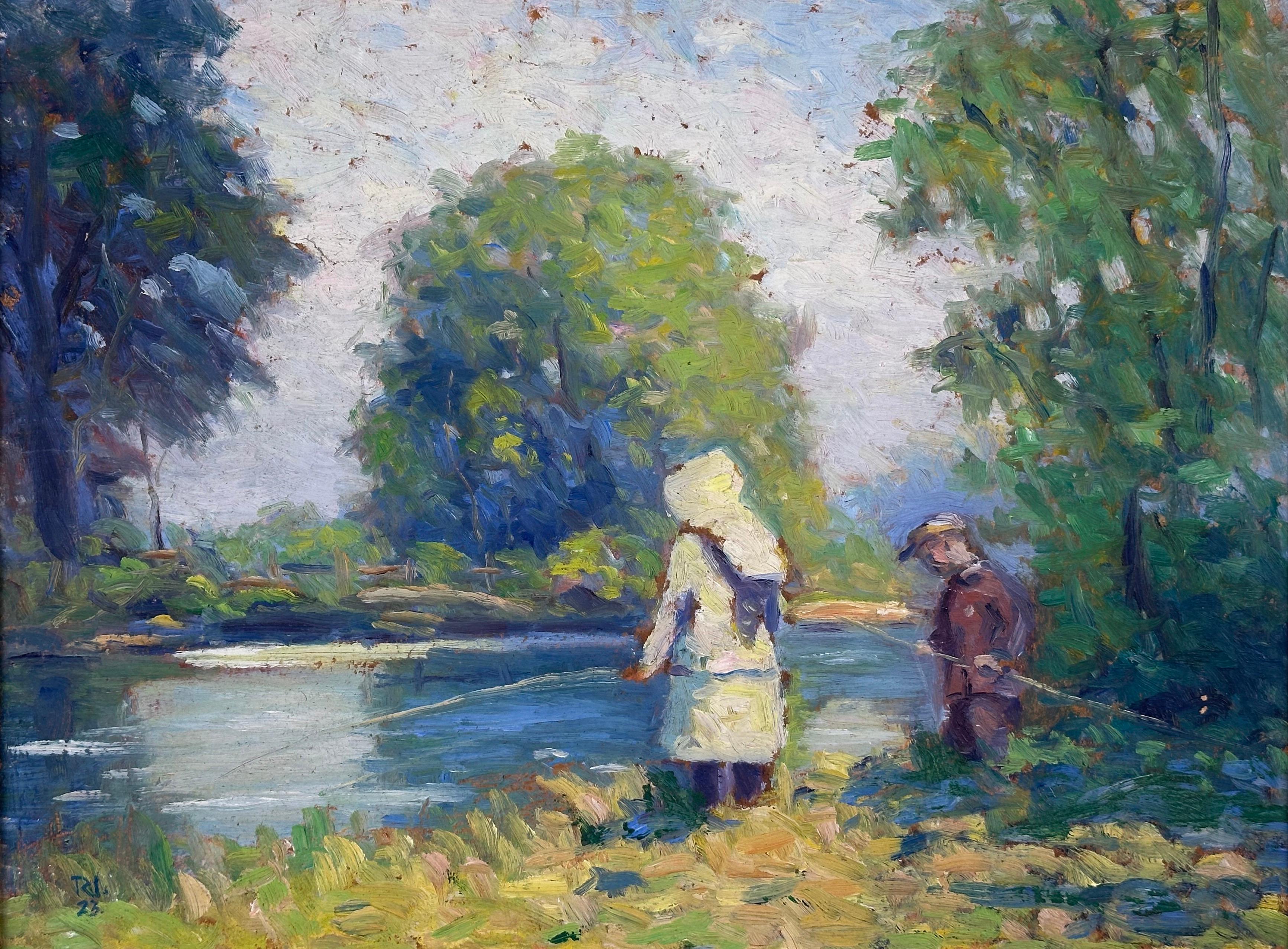 Kinder angeln in einem Bach (PA Impressionistisches Landschaftsgemälde) – Painting von Roy Nuse
