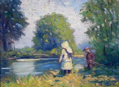 Children fishing in a Creek (PA Impressionist landscape painting)