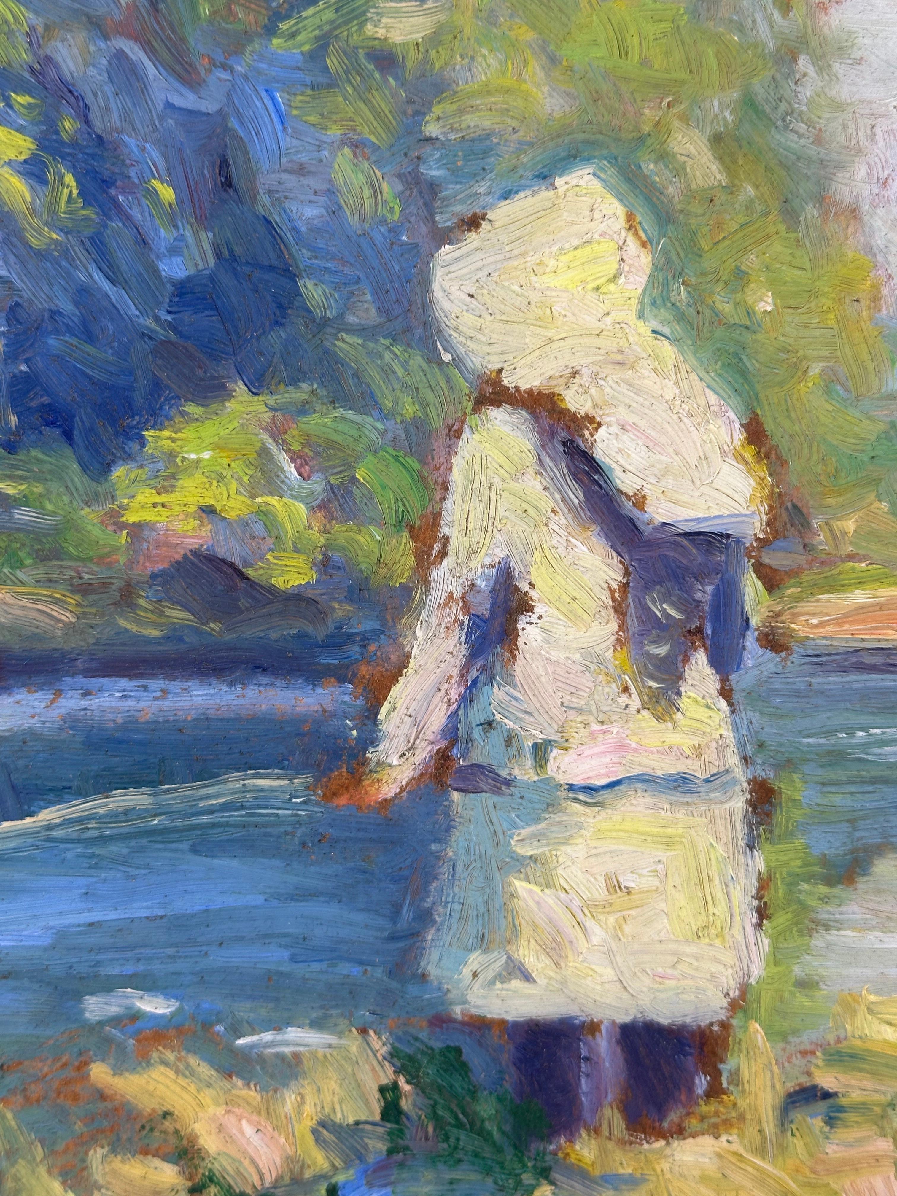 Kinder angeln in einem Bach (PA Impressionistisches Landschaftsgemälde) (Abstrakter Impressionismus), Painting, von Roy Nuse