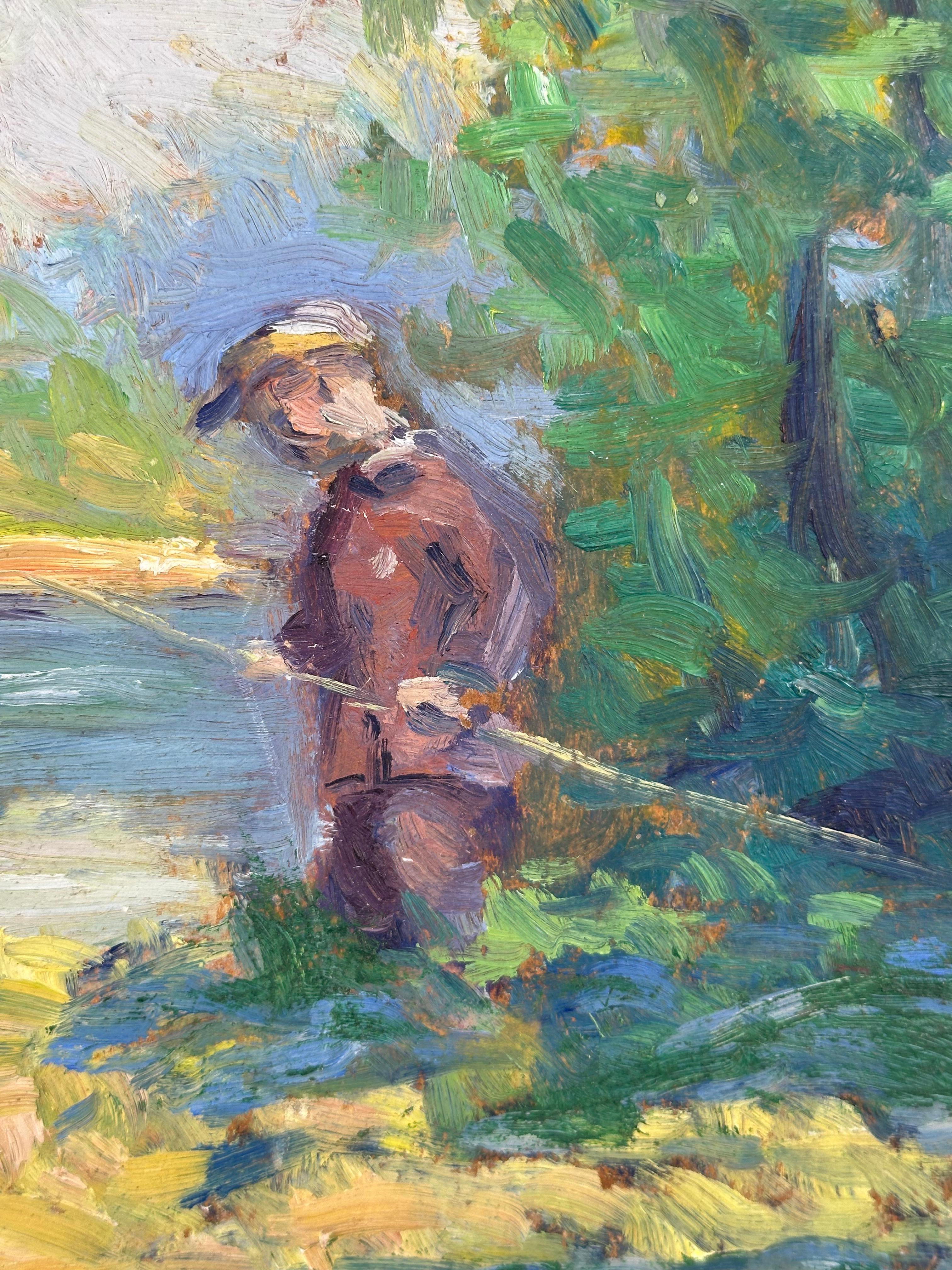 Kinder angeln in einem Bach (PA Impressionistisches Landschaftsgemälde) (Braun), Landscape Painting, von Roy Nuse