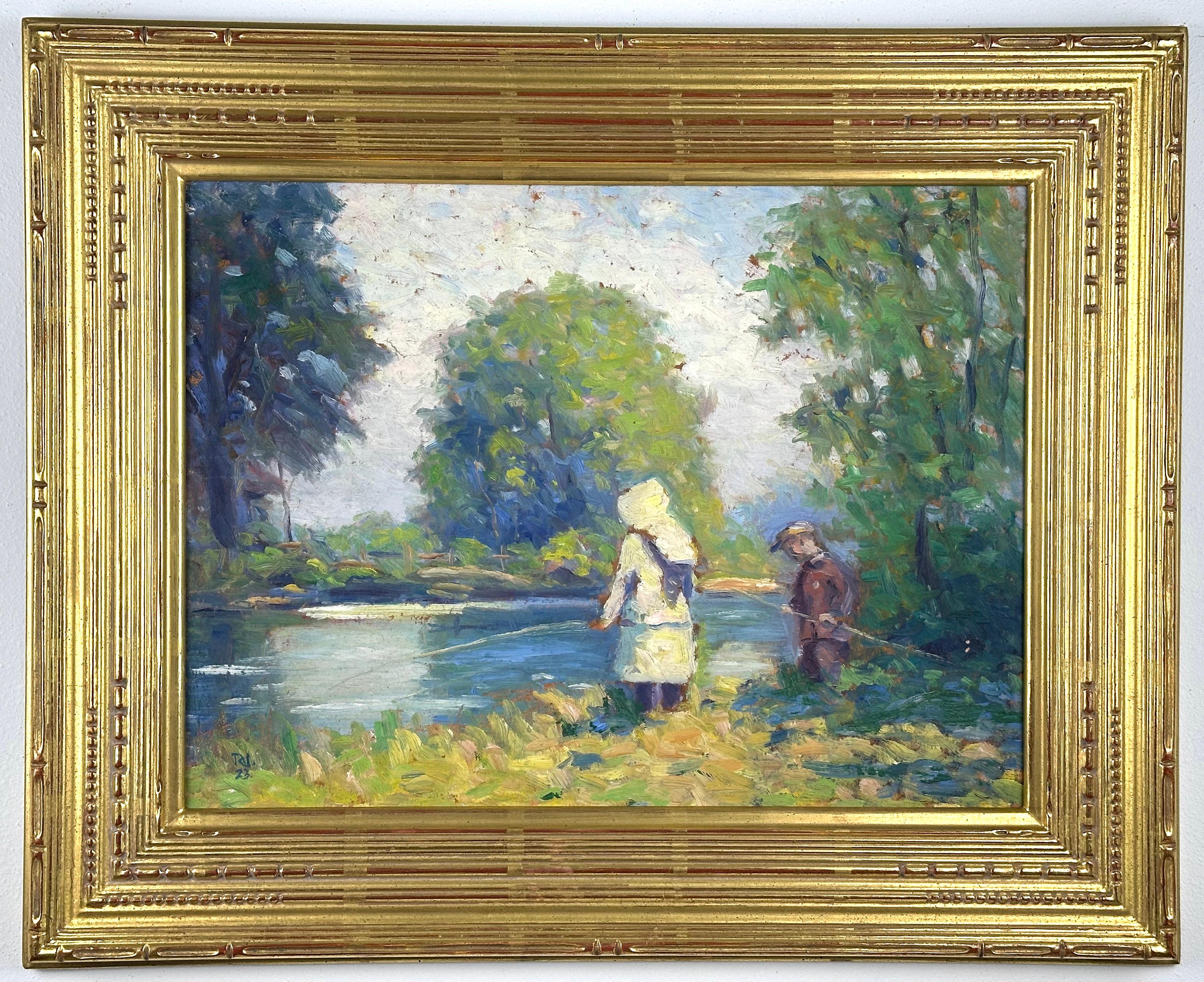 Niños pescando en un arroyo (pintura paisajista impresionista PA)