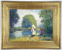Niños pescando en un arroyo (pintura paisajista impresionista PA)