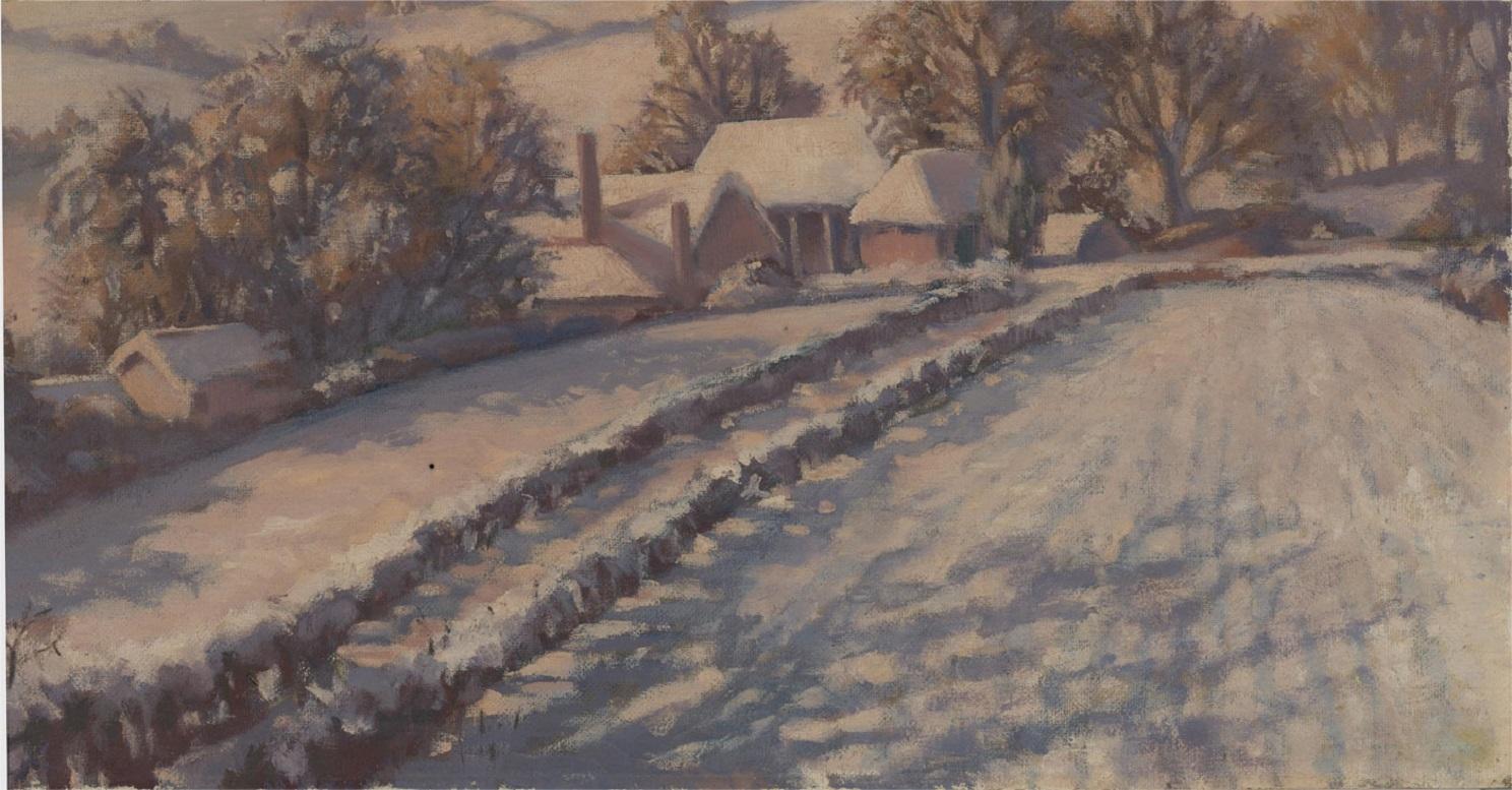 A peaceful Winter landscape showing a rural garden and rooftops covered in snow under the blushing pink light of a late Winter's afternoon. The artist has signed to the reverse. On board.
