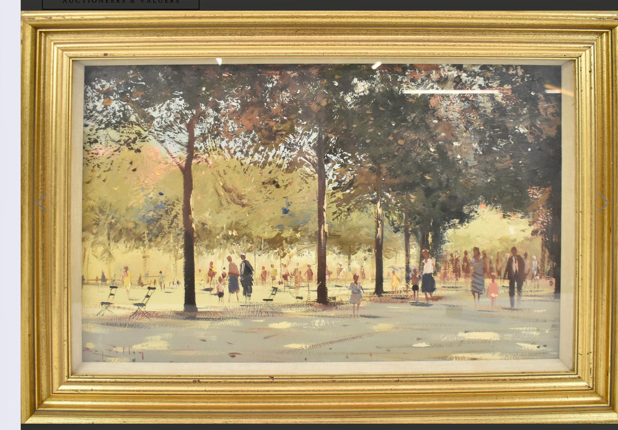 DOMINGO POR LA MAÑANA JARDINES DE LAS TULLERÍAS PARÍS   ROY PETLEY artista británico contemporáneo - Painting de Roy Petley