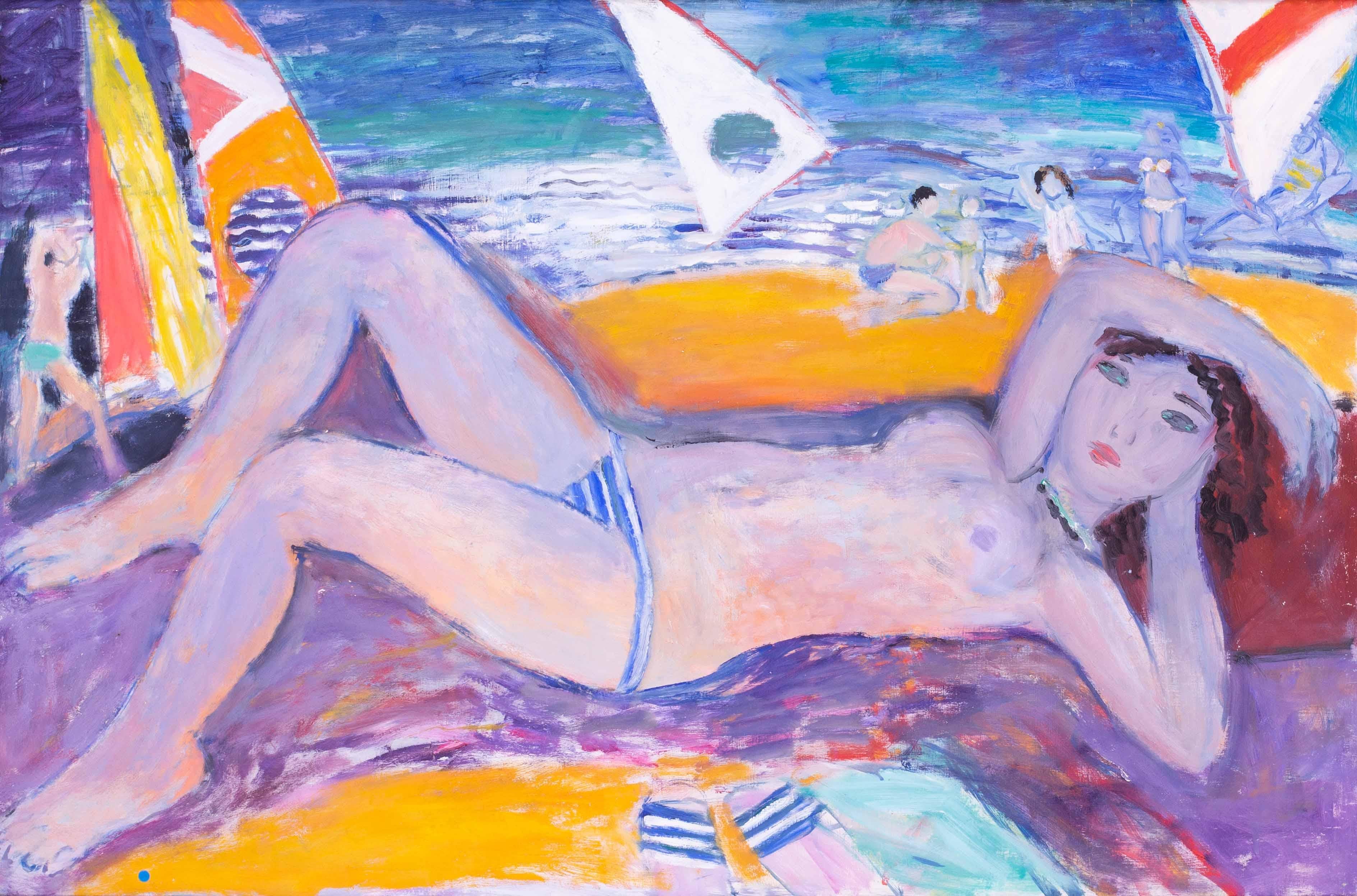 Large Modern British, mid century oil painting of girl in bikini on beach - Painting by Roy Spencer