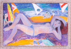 Large Modern British, mid century oil painting of girl in bikini on beach