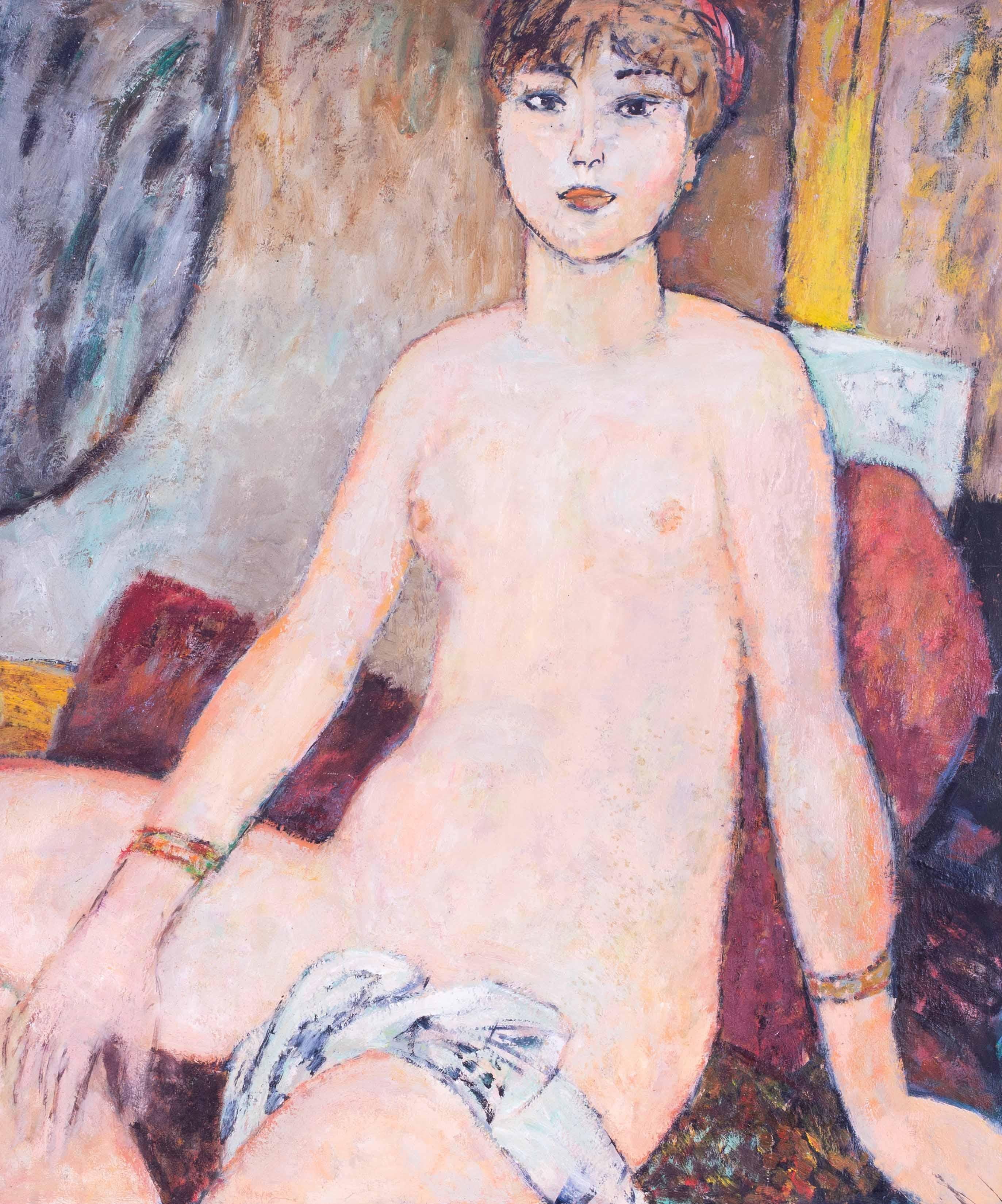 Large Modern British, mid century oil painting of nude with bracelets - Painting by Roy Spencer