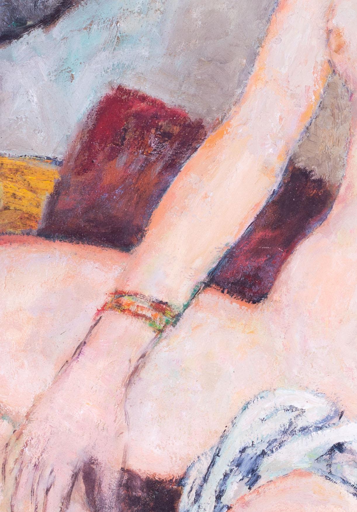 Large Modern British, mid century oil painting of nude with bracelets For Sale 2