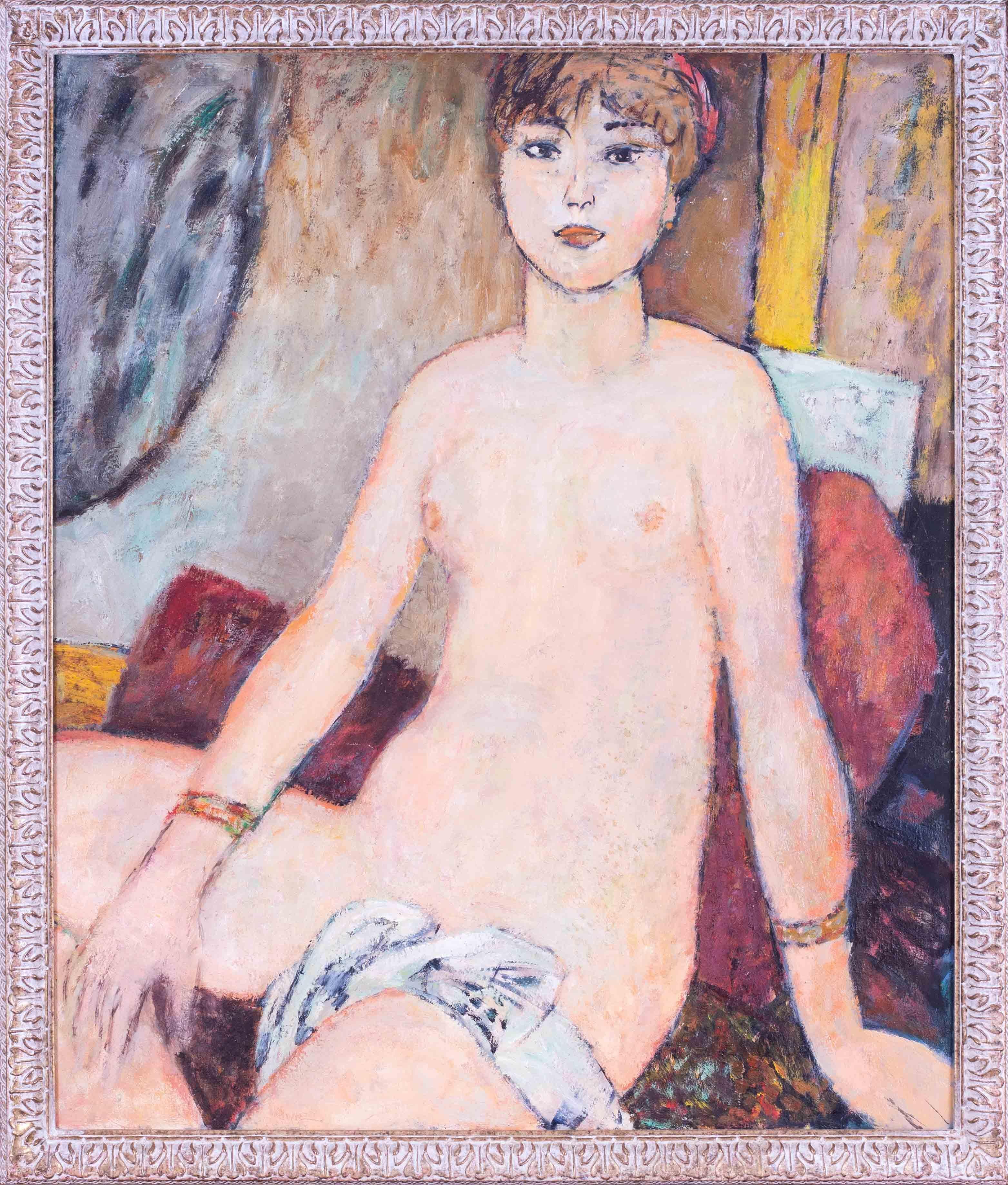 Roy Spencer Nude Painting - Large Modern British, mid century oil painting of nude with bracelets