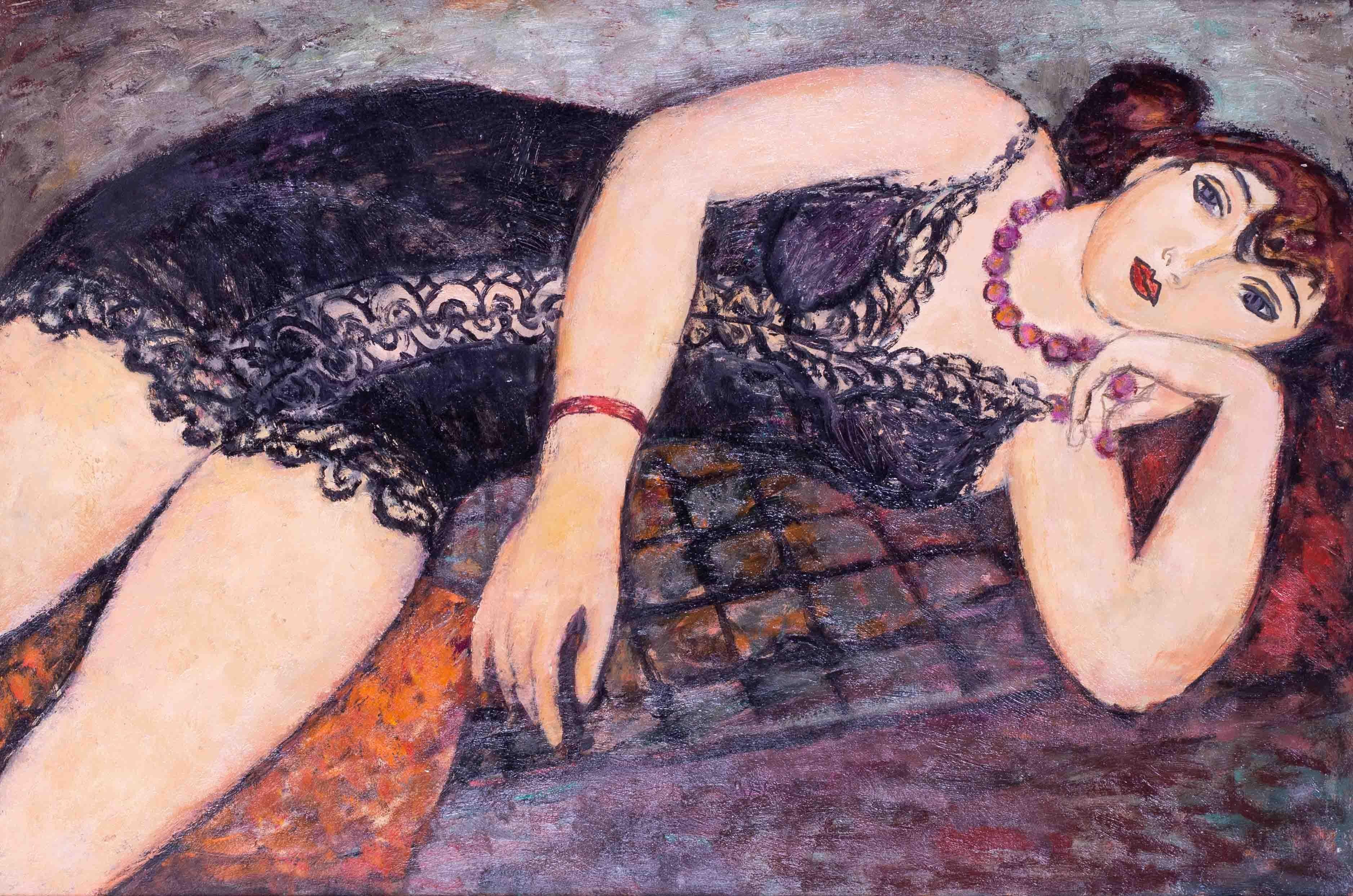 Modern British oil painting, Reclining lady in lace nightgown by Roy Spencer For Sale 1