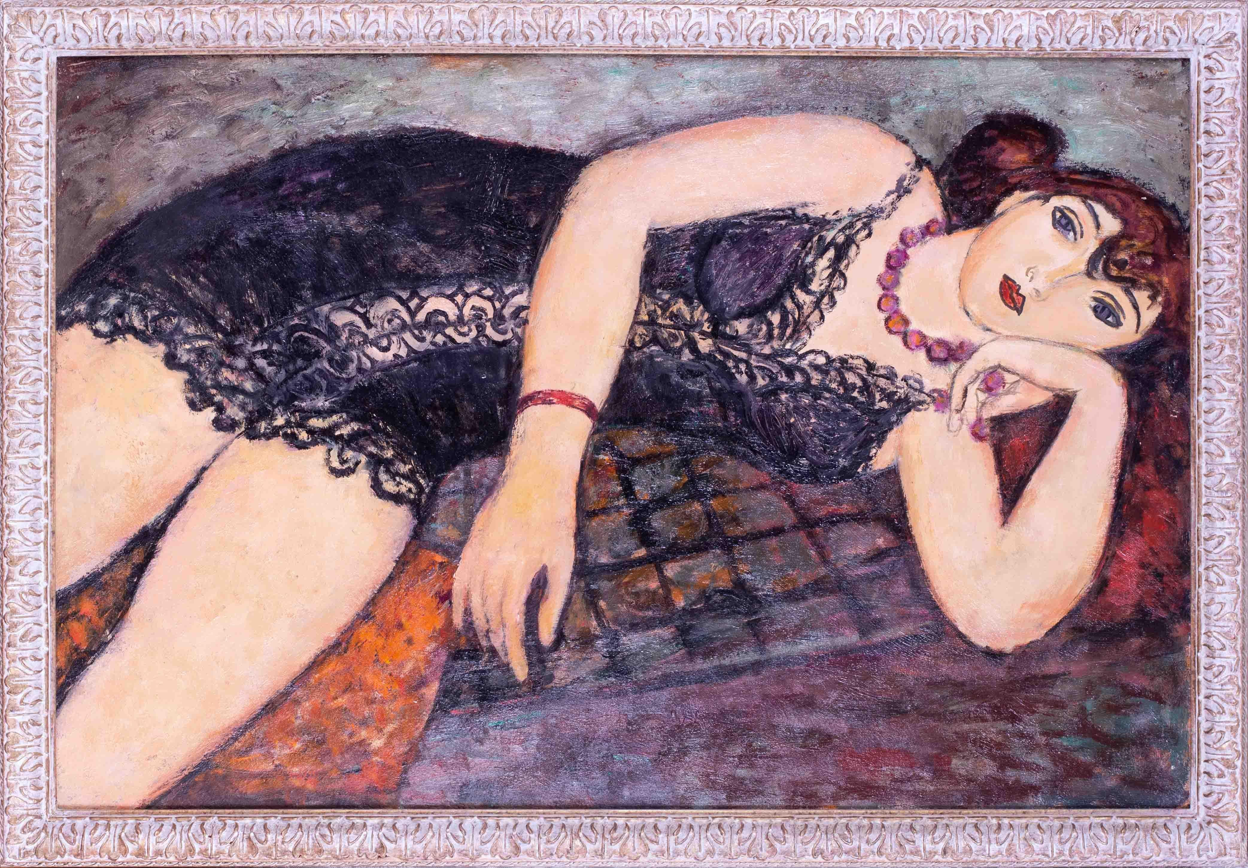 Modern British oil painting, Reclining lady in lace nightgown by Roy Spencer