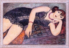 Peinture à l'huile Moderns British, Reclining lady in lace nightgown par Roy Spencer