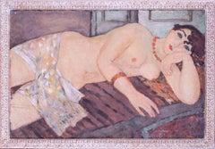 Modern British oil painting, reclining nude with necklace by Roy Spencer