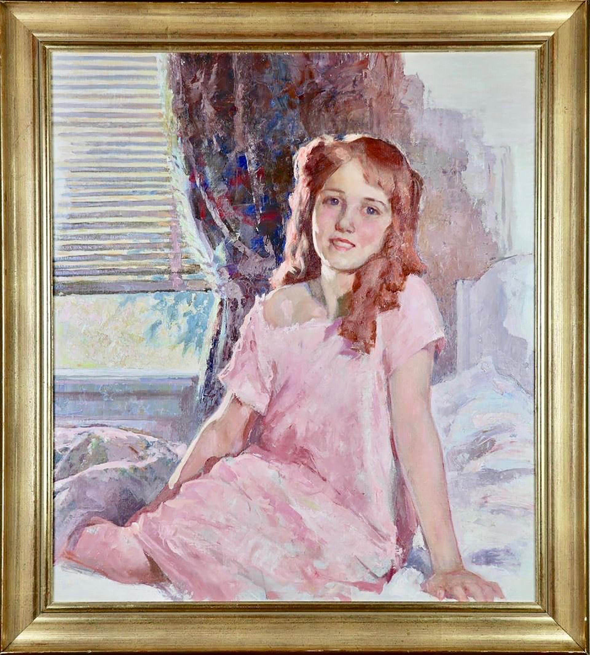 Girl in Pink Robe Sitting on a Bed - Painting by Roy Spreter