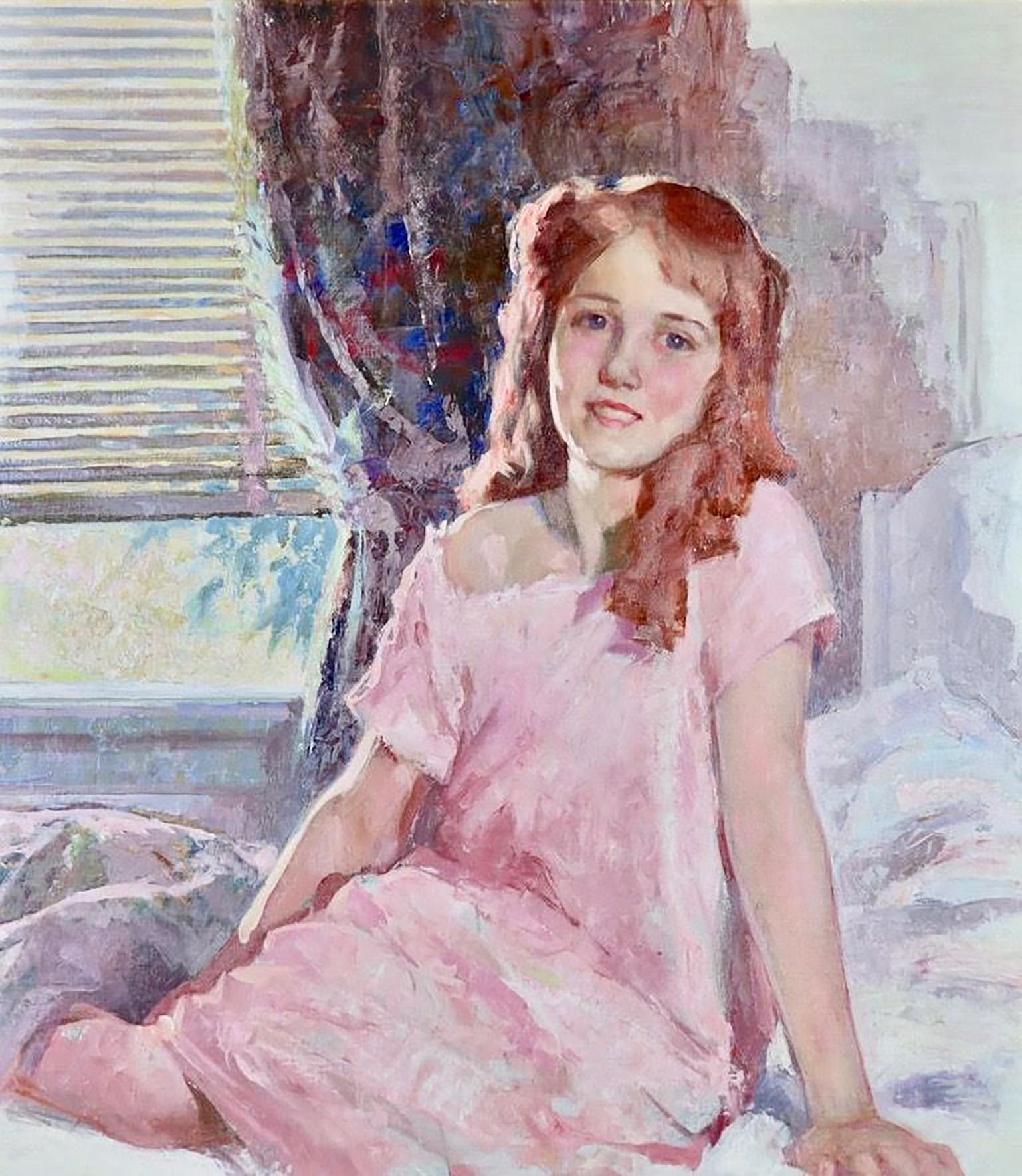 Roy Spreter Figurative Painting - Girl in Pink Robe Sitting on a Bed
