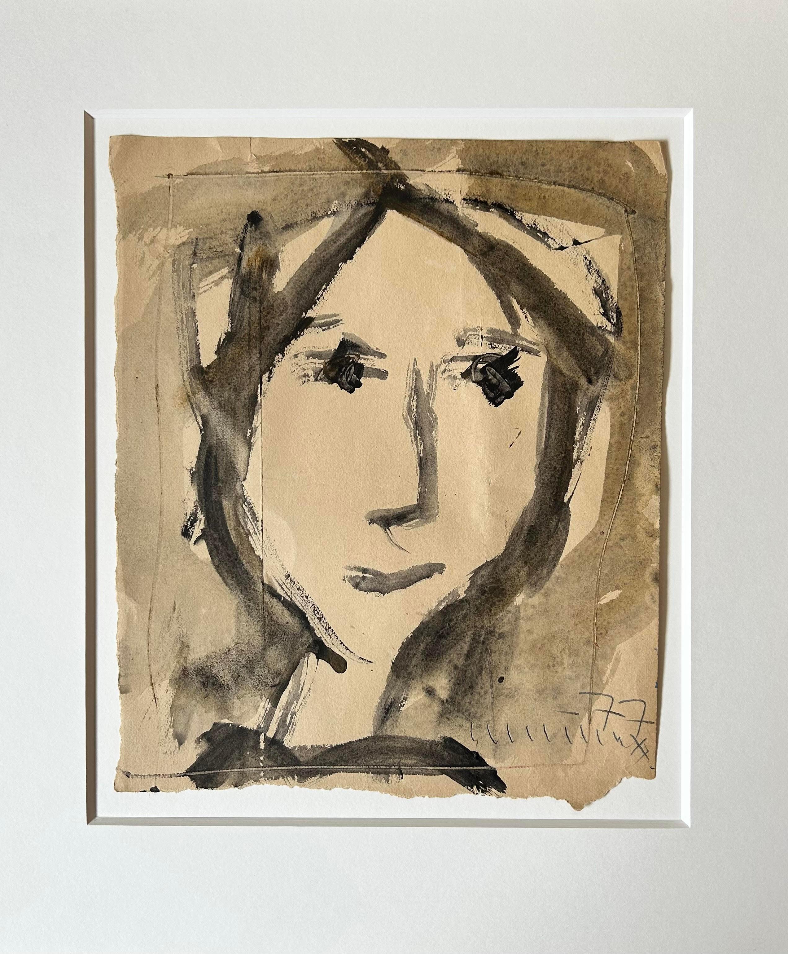 Astratto Modern British Artista quotato Ritratto Testa Carta Acquerello Minimalista 1