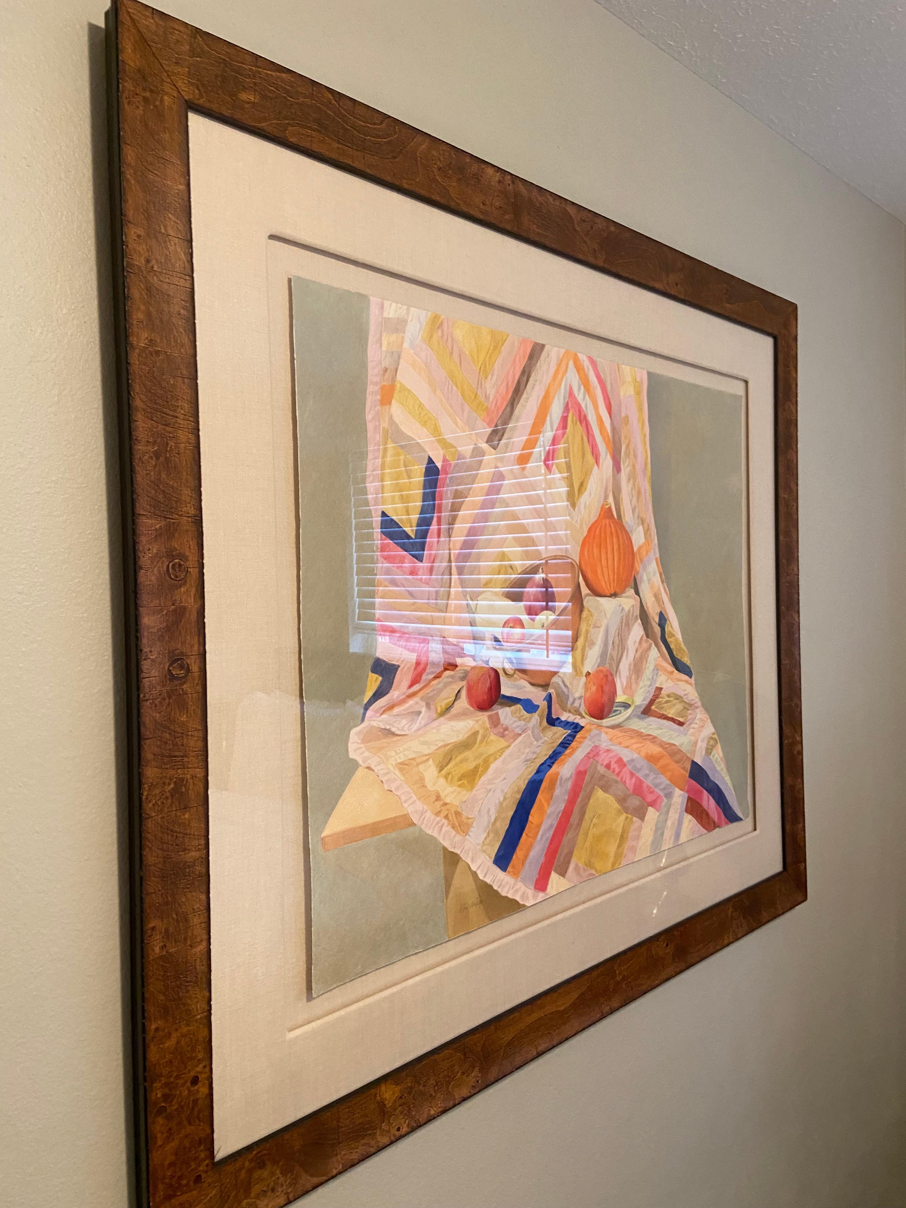 Ella's Quilt by  Roy Wilce
Oil Pastel on Paper, still life in vibrant warm colors
image 28x36