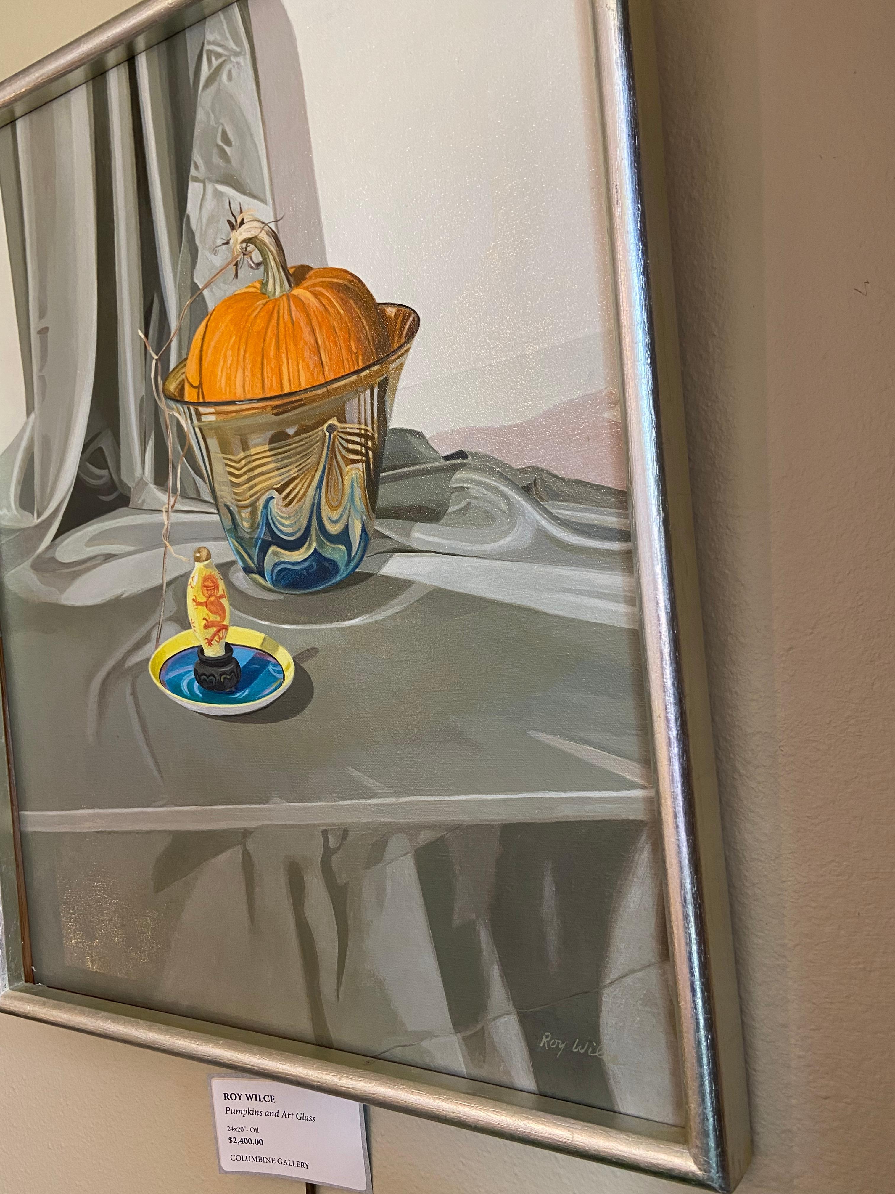 Pumpkin with Art Glass, framed oil painting 26x22
