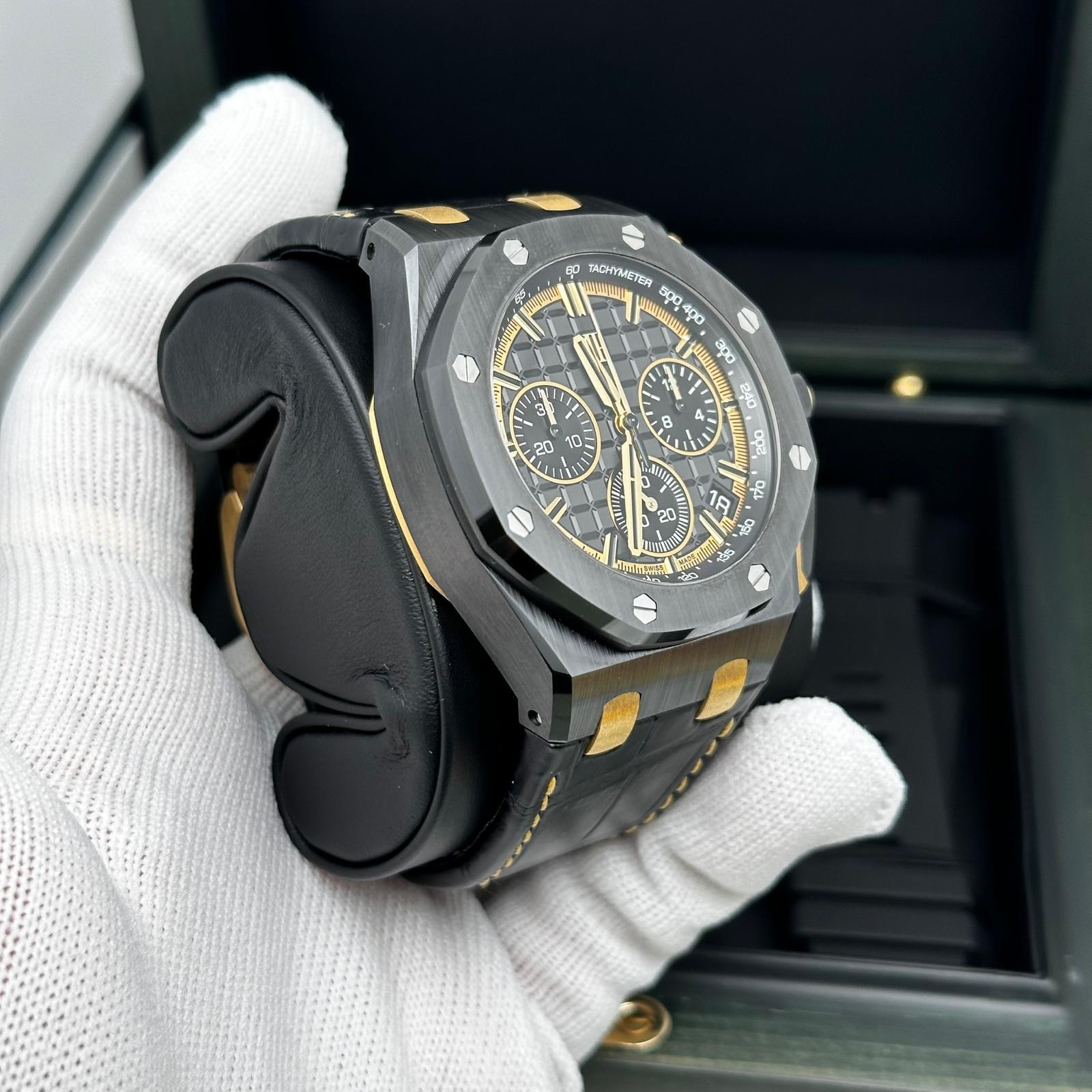 Royak Oak Offshore Ceramic 18K Yellow Gold Black Dail Watch 26420CE.OO.A127CR.01 For Sale 5