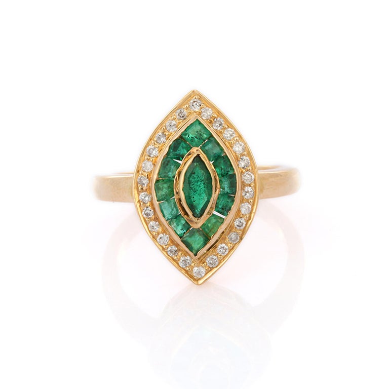 For Sale:  Royal 1.03 Ct Emerald and Diamond Marquise Cocktail Ring in 14K Yellow Gold 5