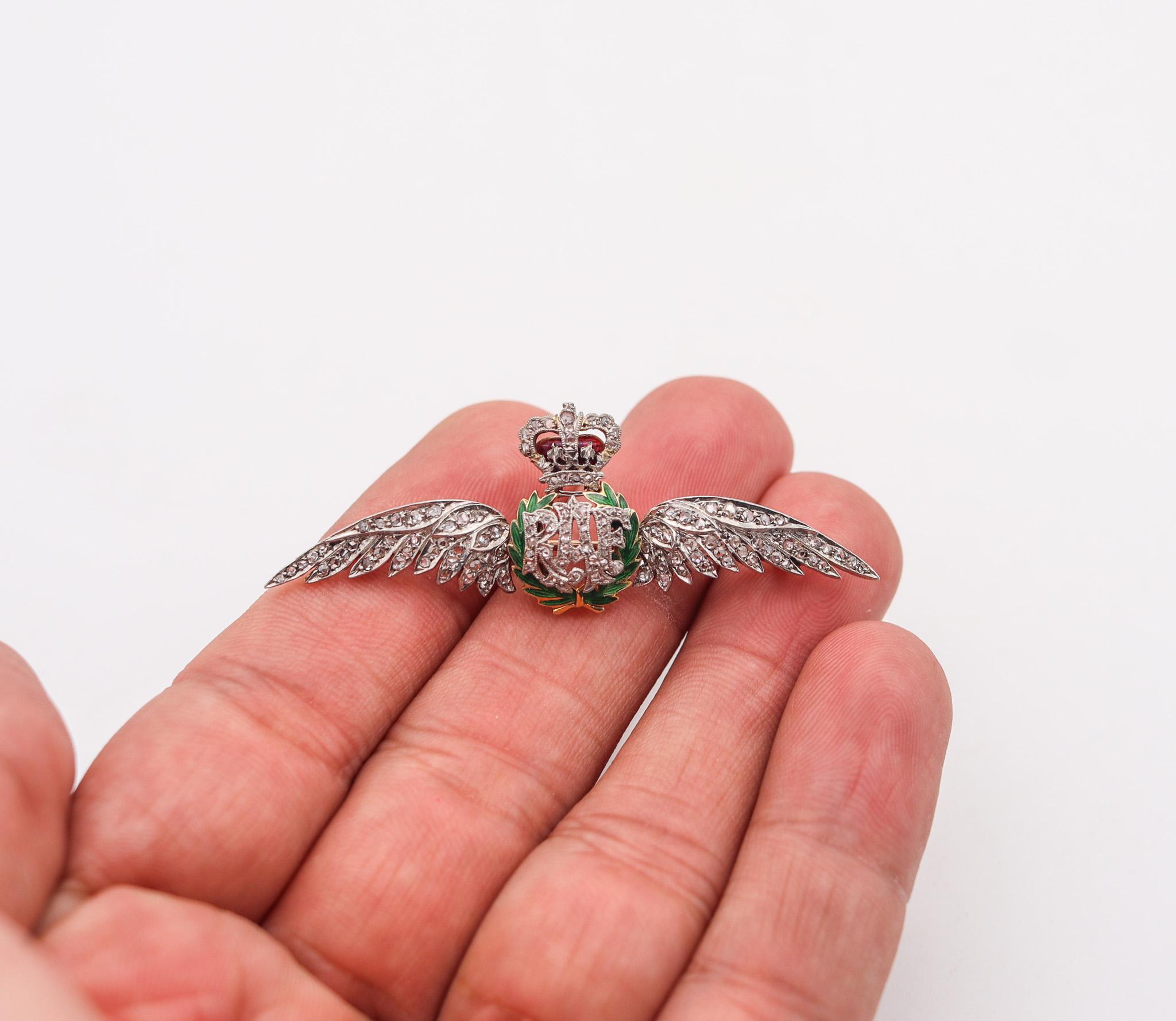 Rose Cut Royal Air Force 1925 Enameled Wings Badge In 18Kt Gold With 1.68 Ctw Diamonds For Sale