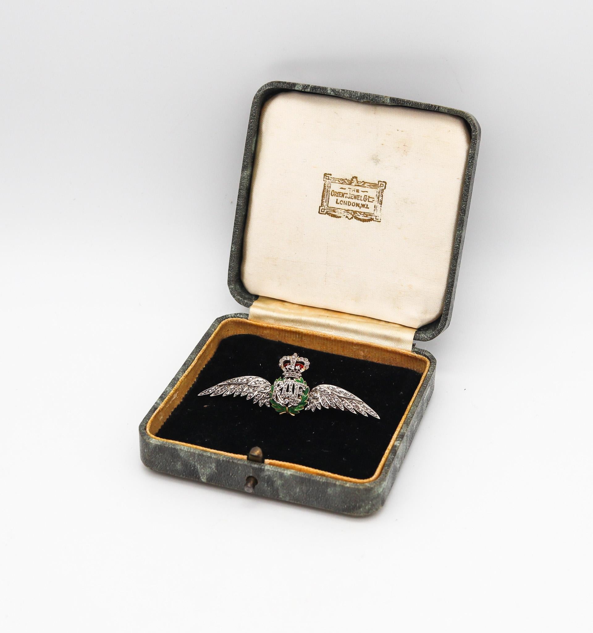 Women's or Men's Royal Air Force 1925 Enameled Wings Badge In 18Kt Gold With 1.68 Ctw Diamonds For Sale