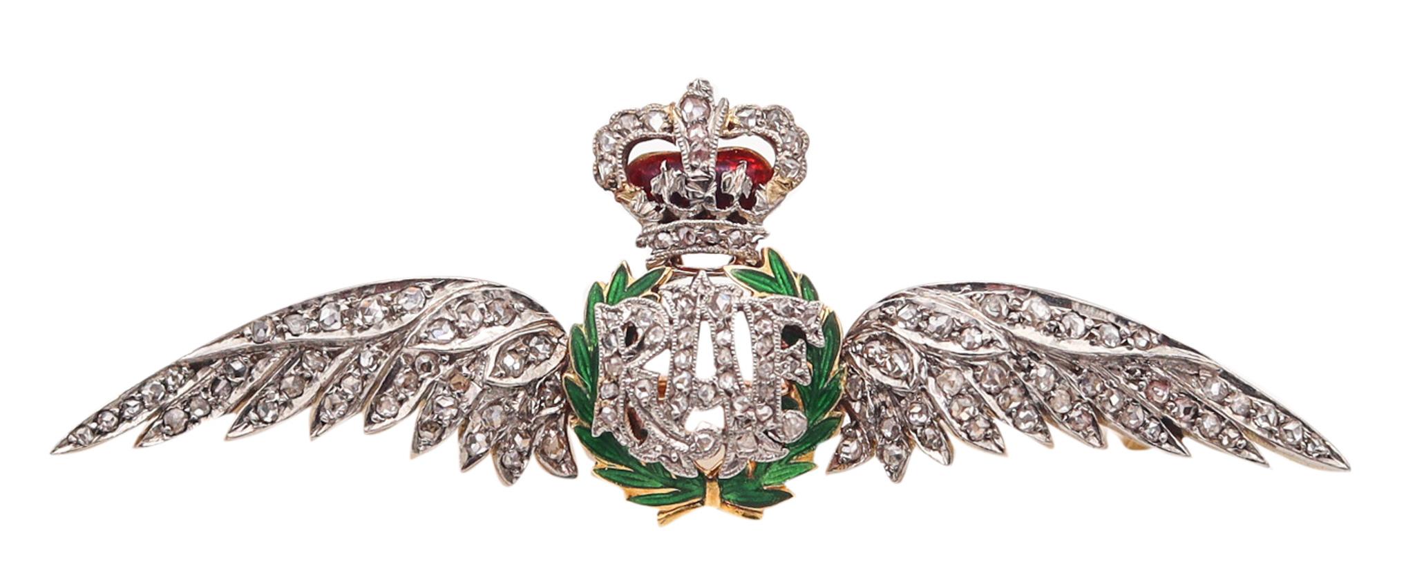 Royal Air Force 1925 Enameled Wings Badge In 18Kt Gold With 1.68 Ctw Diamonds For Sale