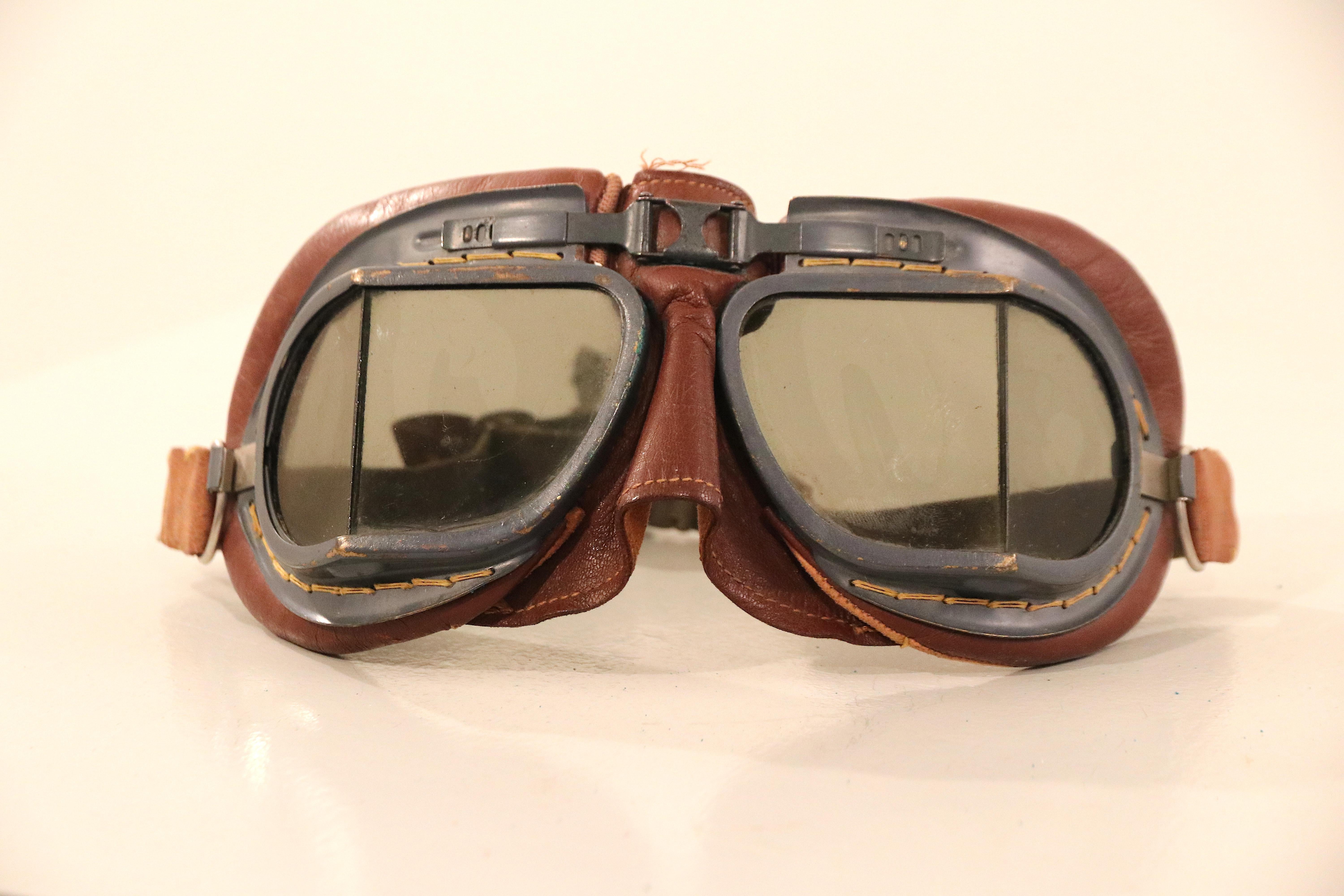 Original British Army aviator goggles used by pilots of the Royal Air Force during World War II. They were found by a Dutch fire fighter during the war in Holland. 