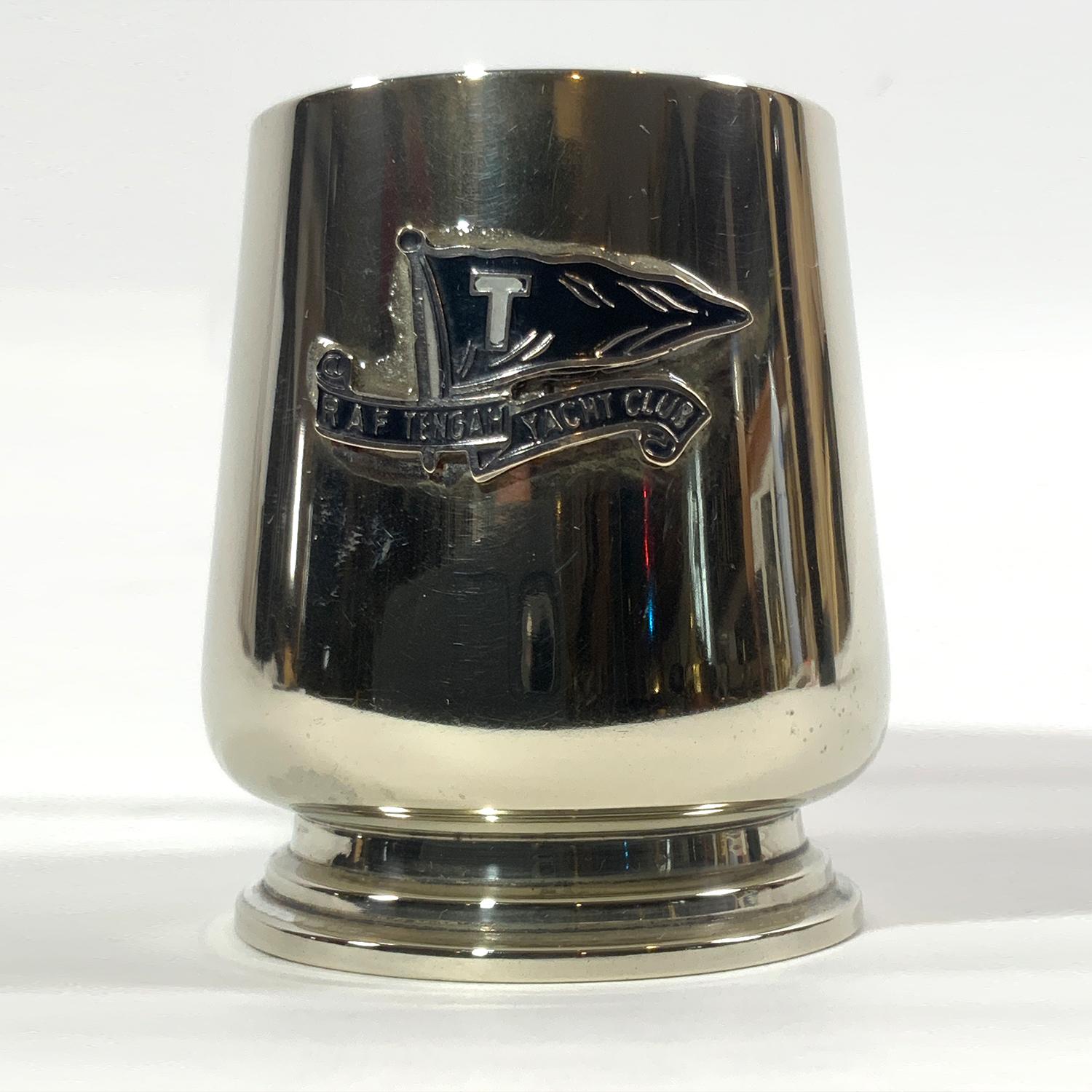 Cloisonne badge silver soldered drinking or toasting cup from the RAF Tengah Yacht Club. Circa 1950.